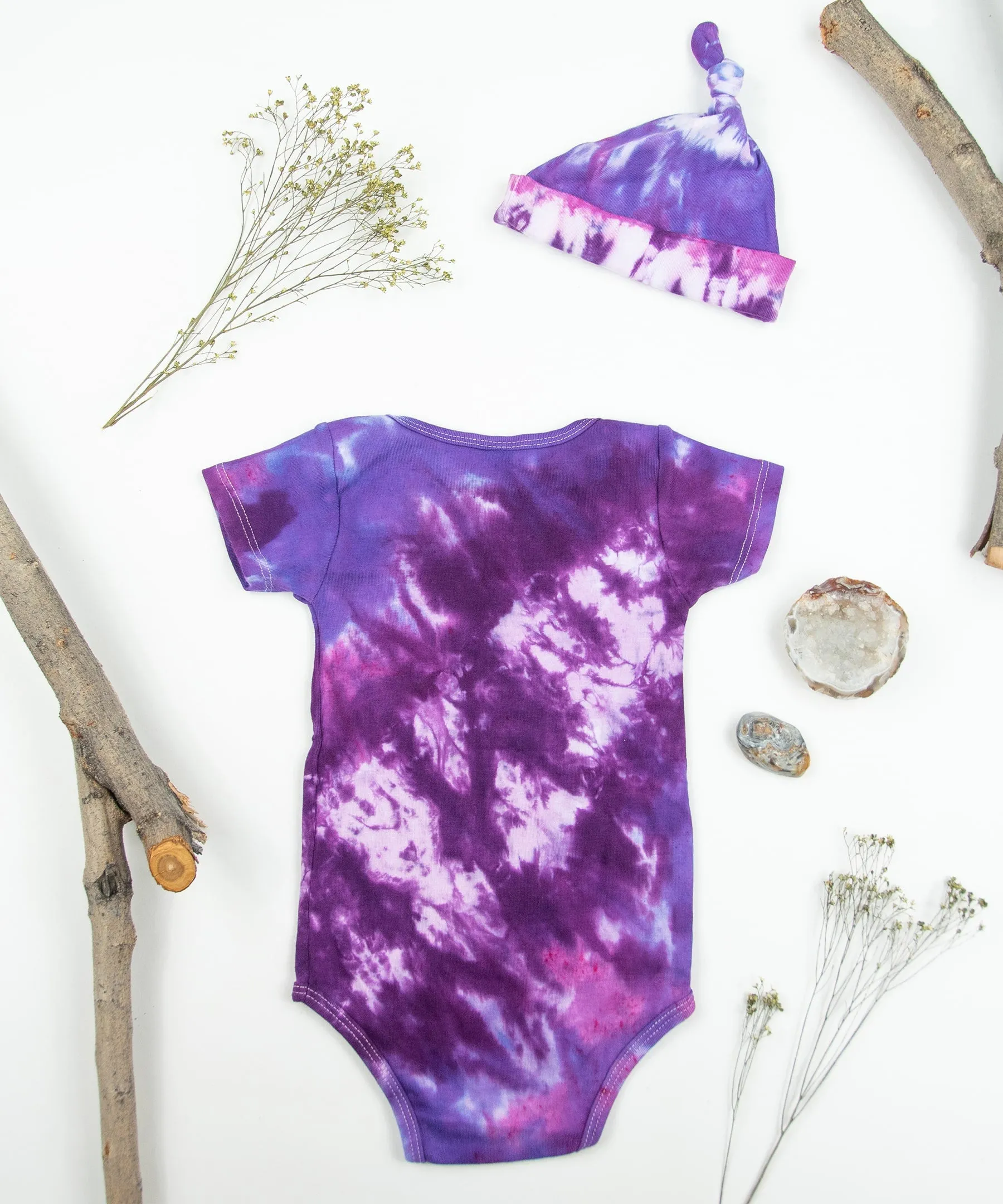 Purple Lilac Organic Tie Dye Baby Bodysuit   Hat