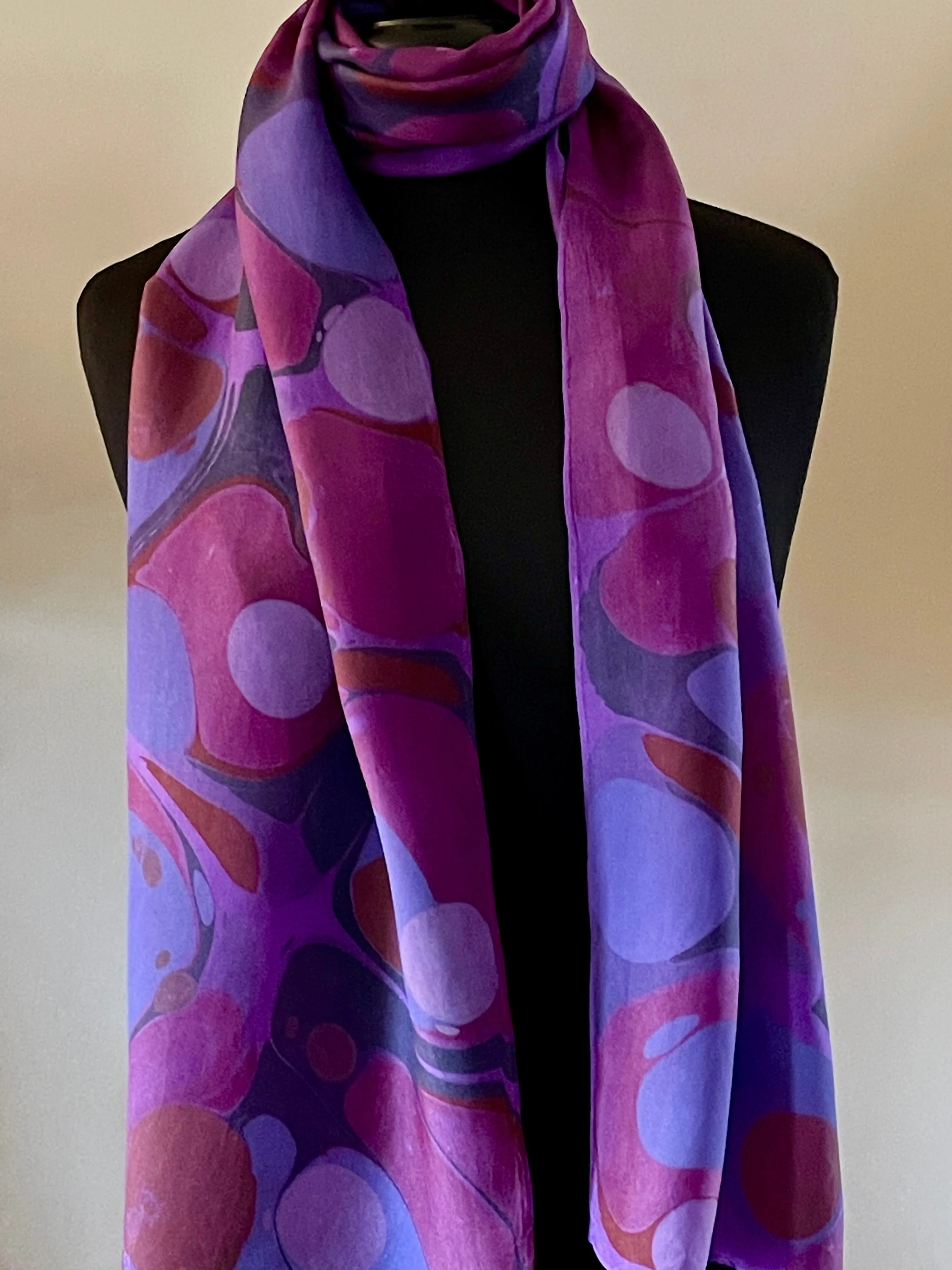 Purple Stone water marbled Silk, Scarf, table runner or wall hanging.scarf ... original.