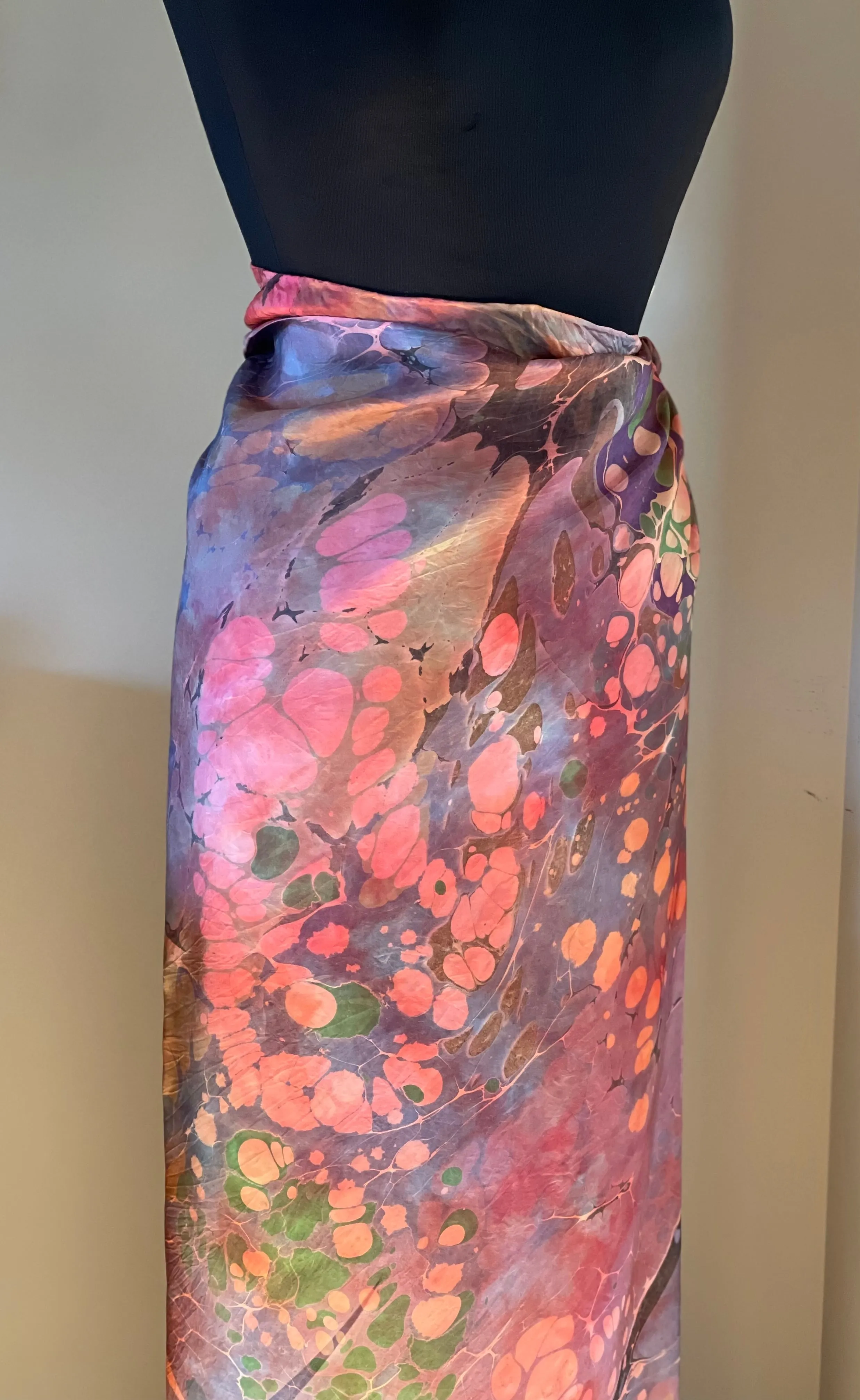 Rainbow dyed Sarong Wrap 44x69 water marbled Habotai Silk random.