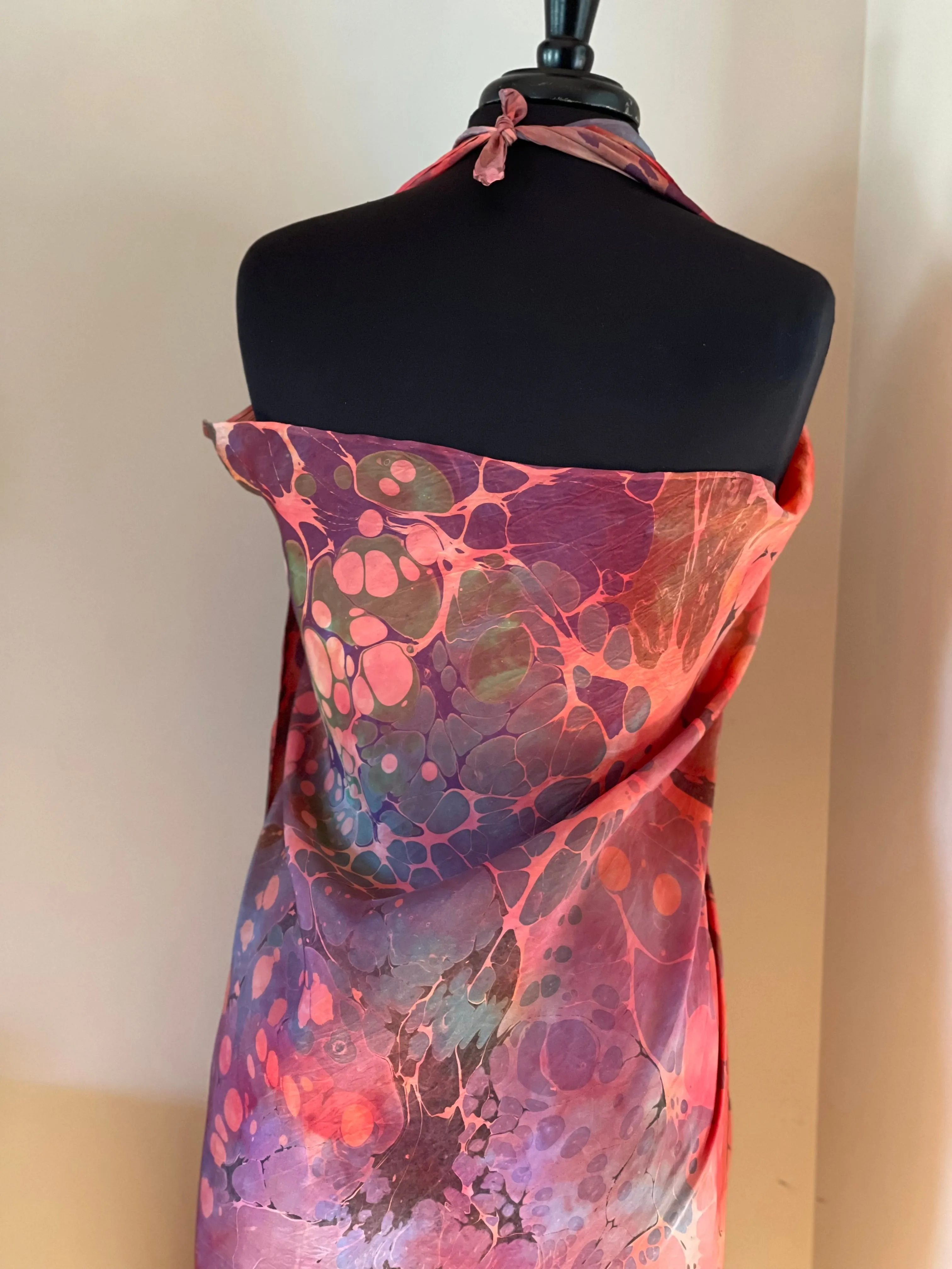Rainbow dyed Sarong Wrap 44x69 water marbled Habotai Silk random.