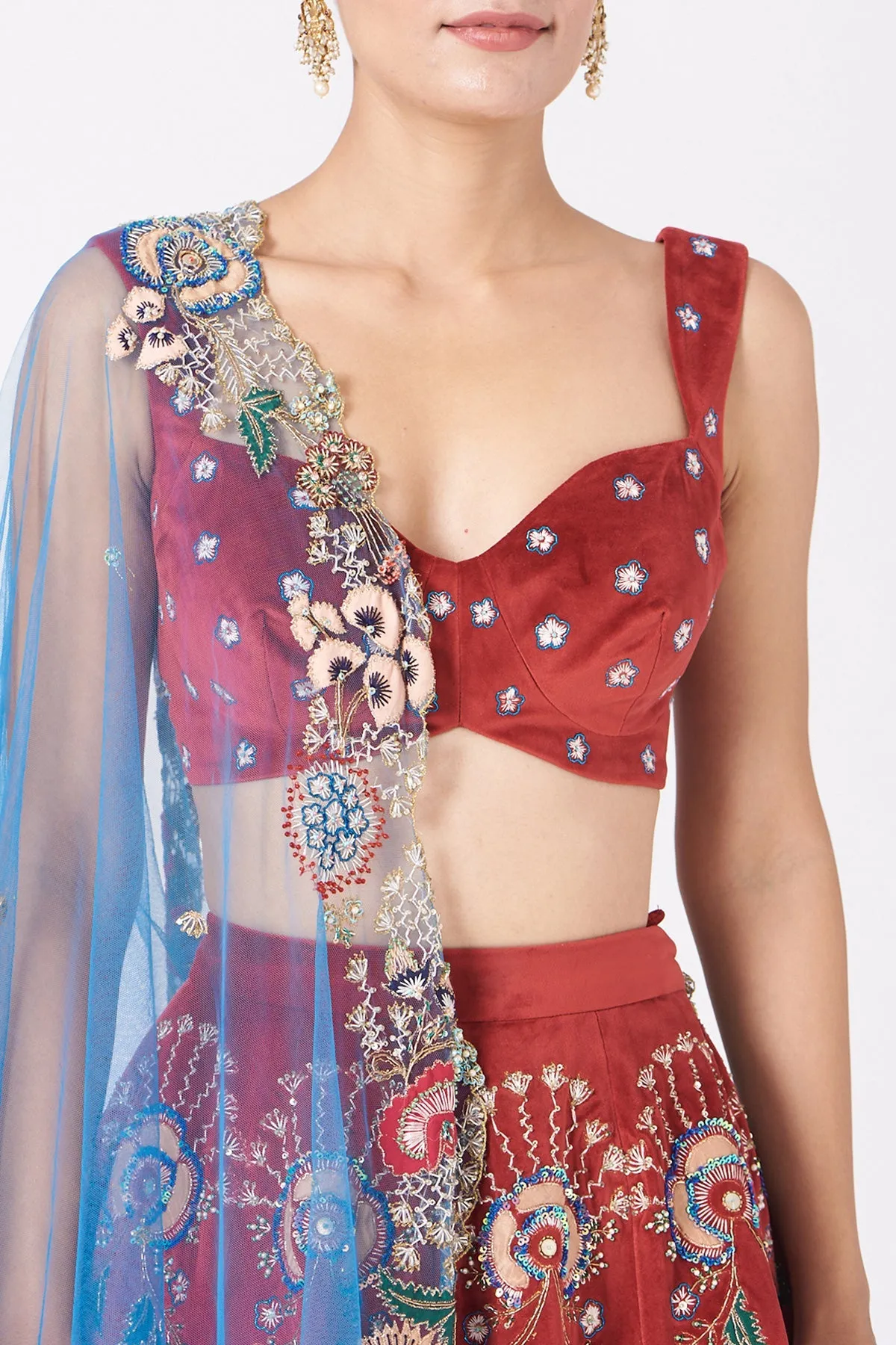 Red Paper Dolls Velvet Appliquéd And Embellished Lehenga With Blouse And Cutwork Dupatta