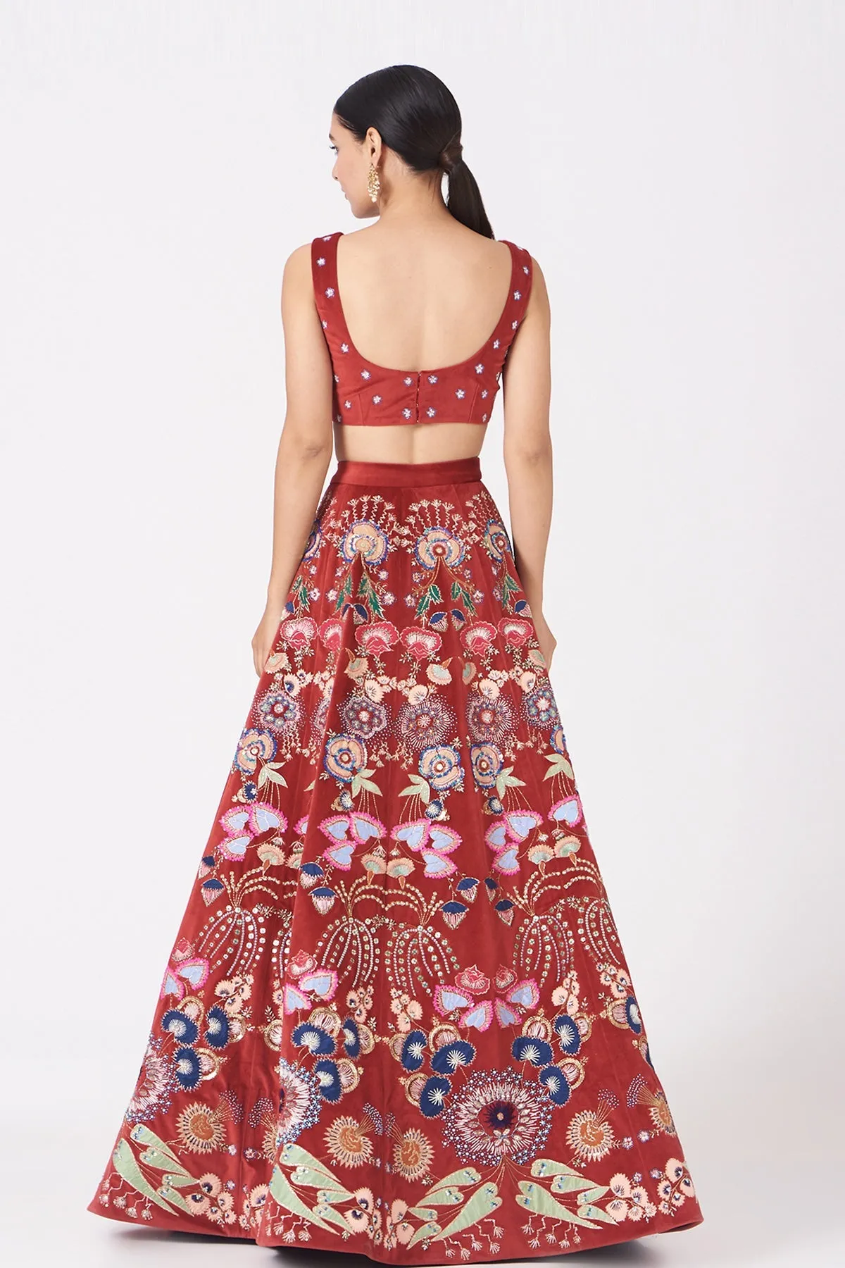 Red Paper Dolls Velvet Appliquéd And Embellished Lehenga With Blouse And Cutwork Dupatta