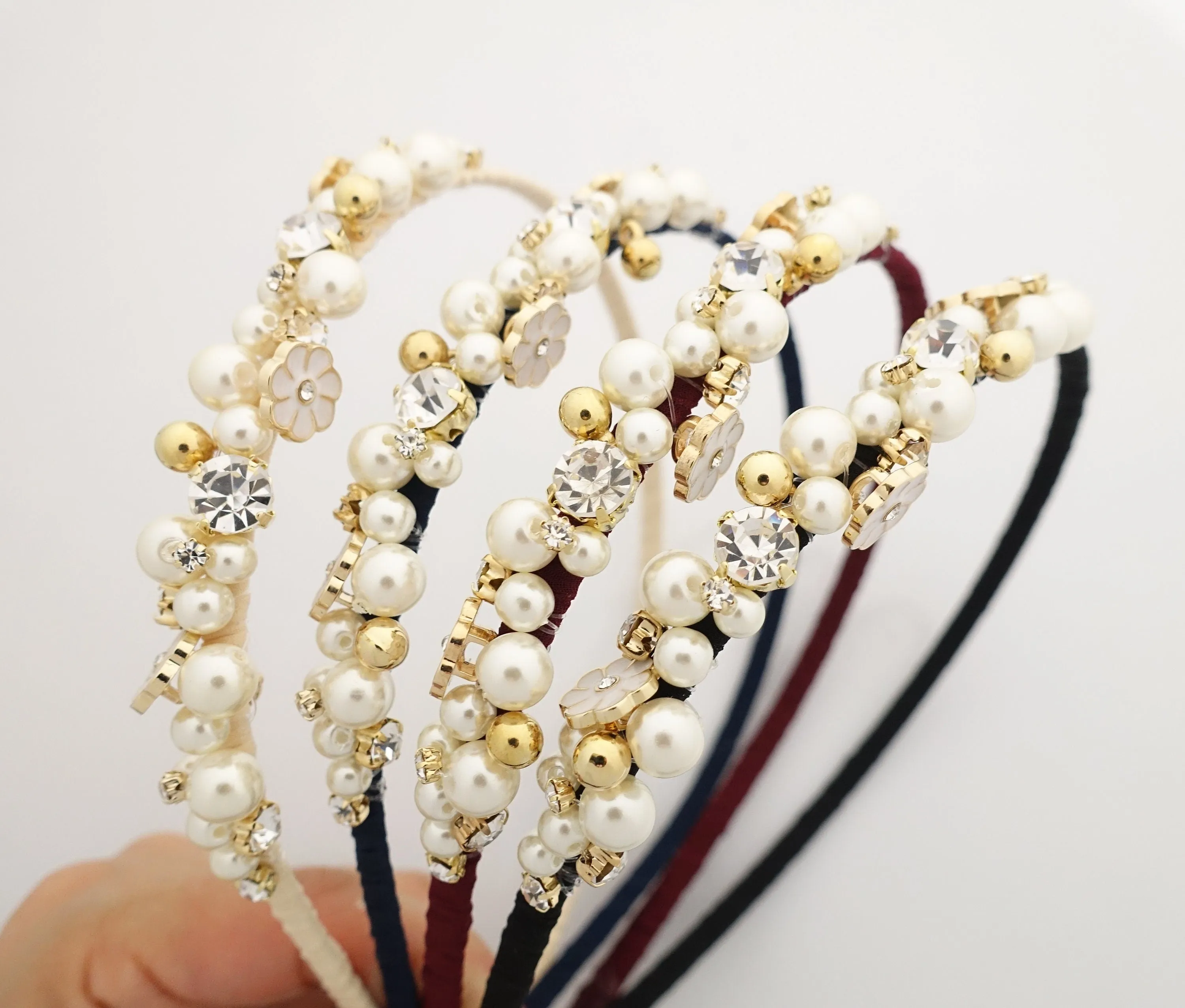 rhinestone pearl beaded headband thin decorated elegant fashion hairband