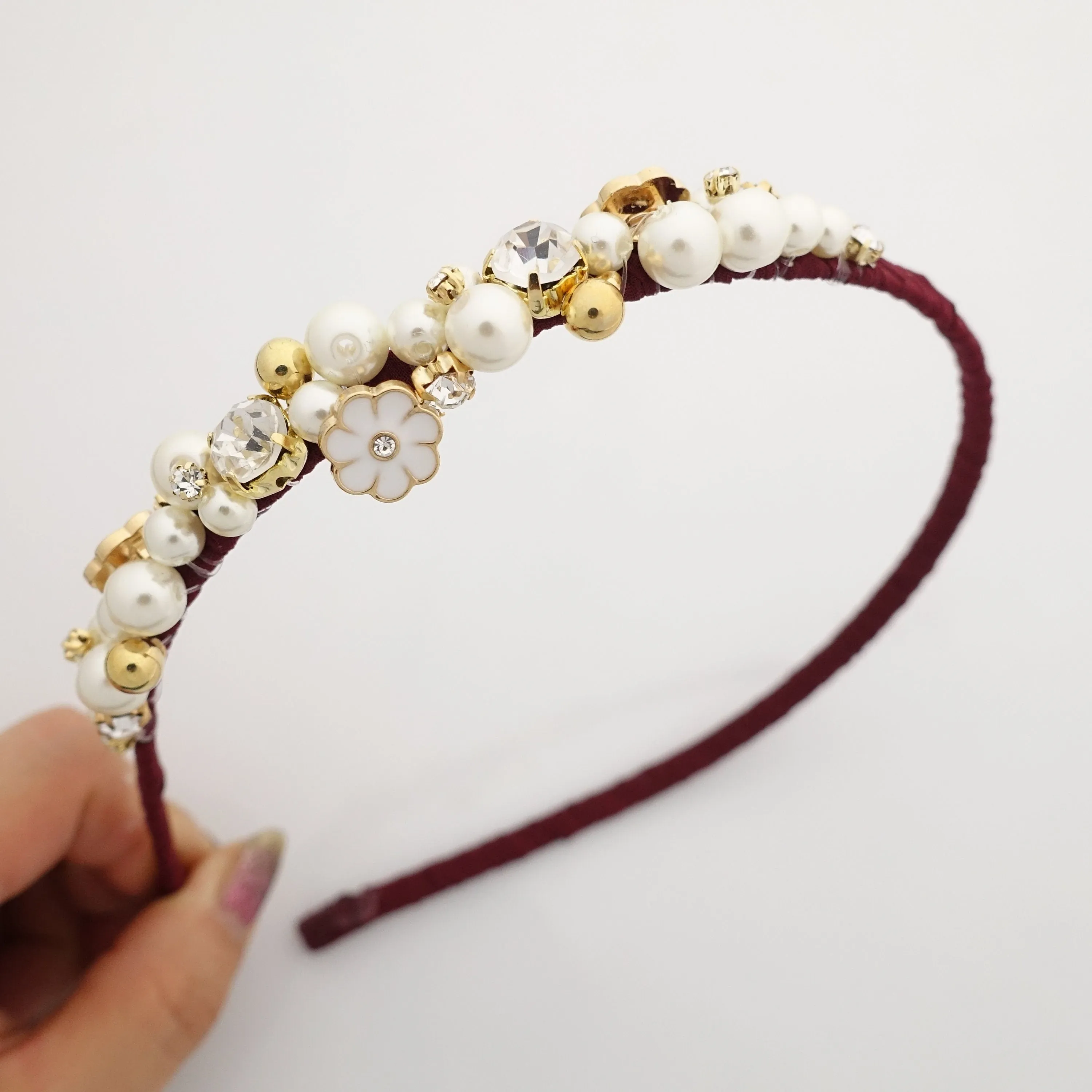 rhinestone pearl beaded headband thin decorated elegant fashion hairband