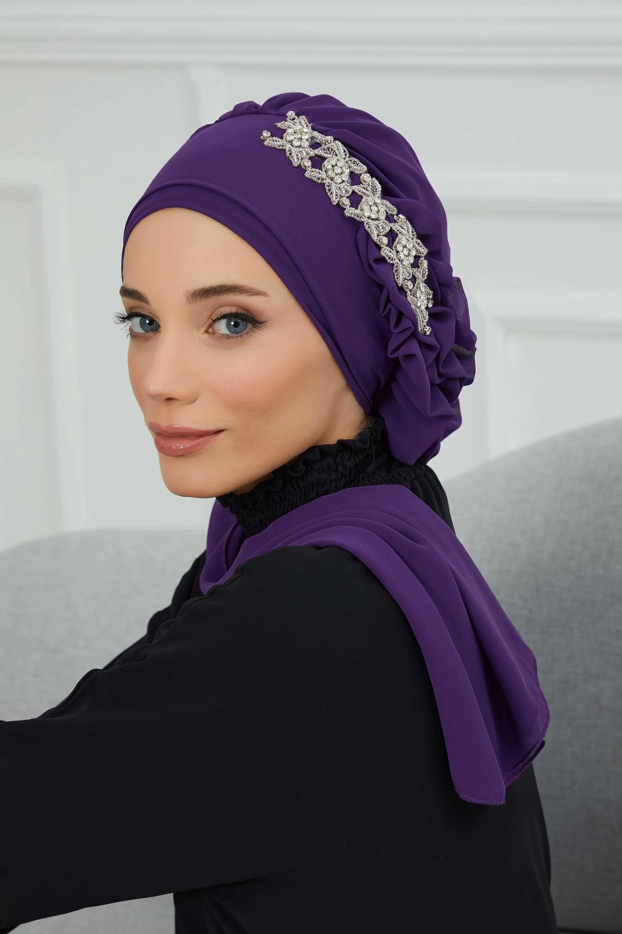 Side Frilled Instant Turban Chiffon Scarf Head Turbans with Unique Accessory For Women Headwear Stylish Elegant Design,HT-100