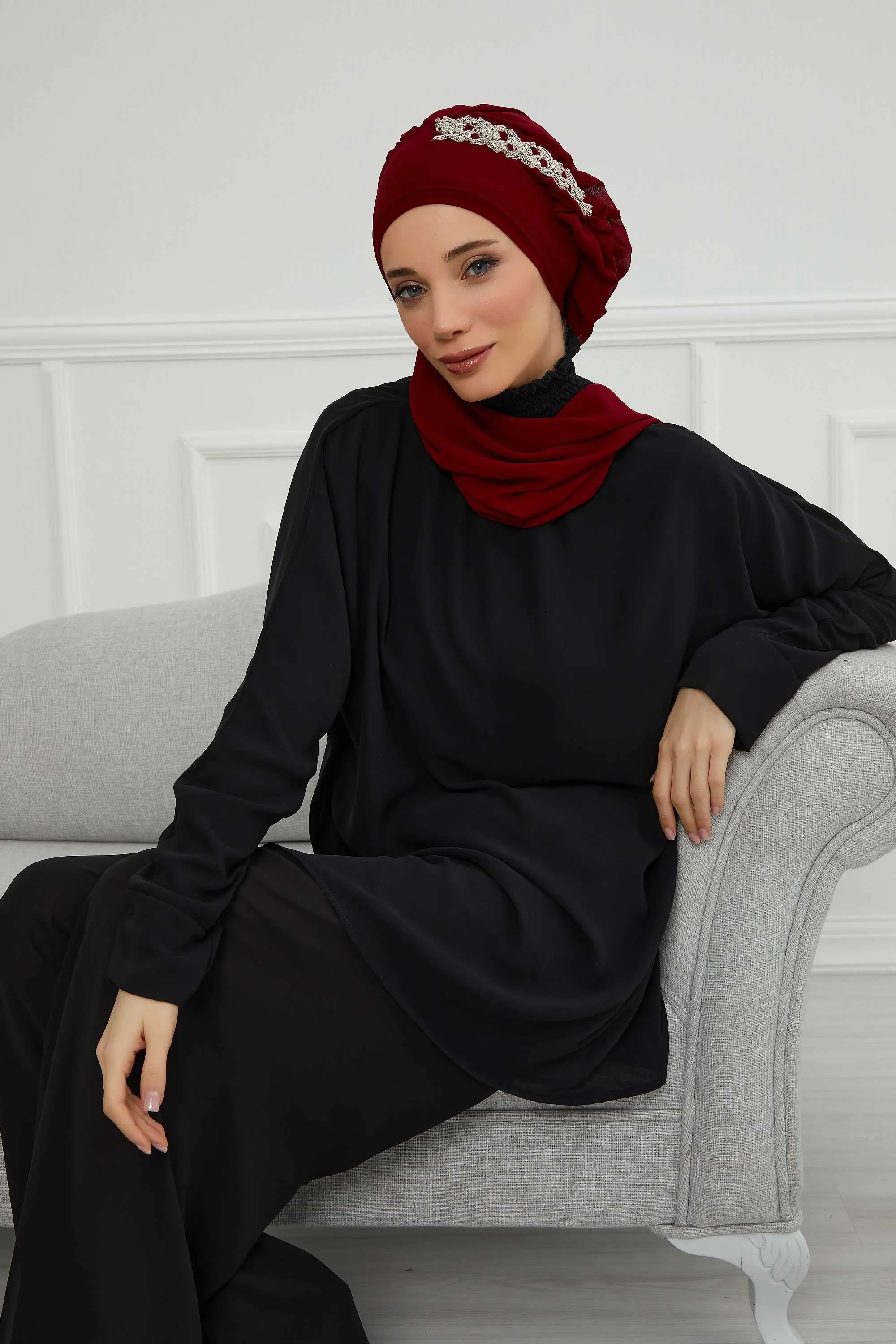 Side Frilled Instant Turban Chiffon Scarf Head Turbans with Unique Accessory For Women Headwear Stylish Elegant Design,HT-100