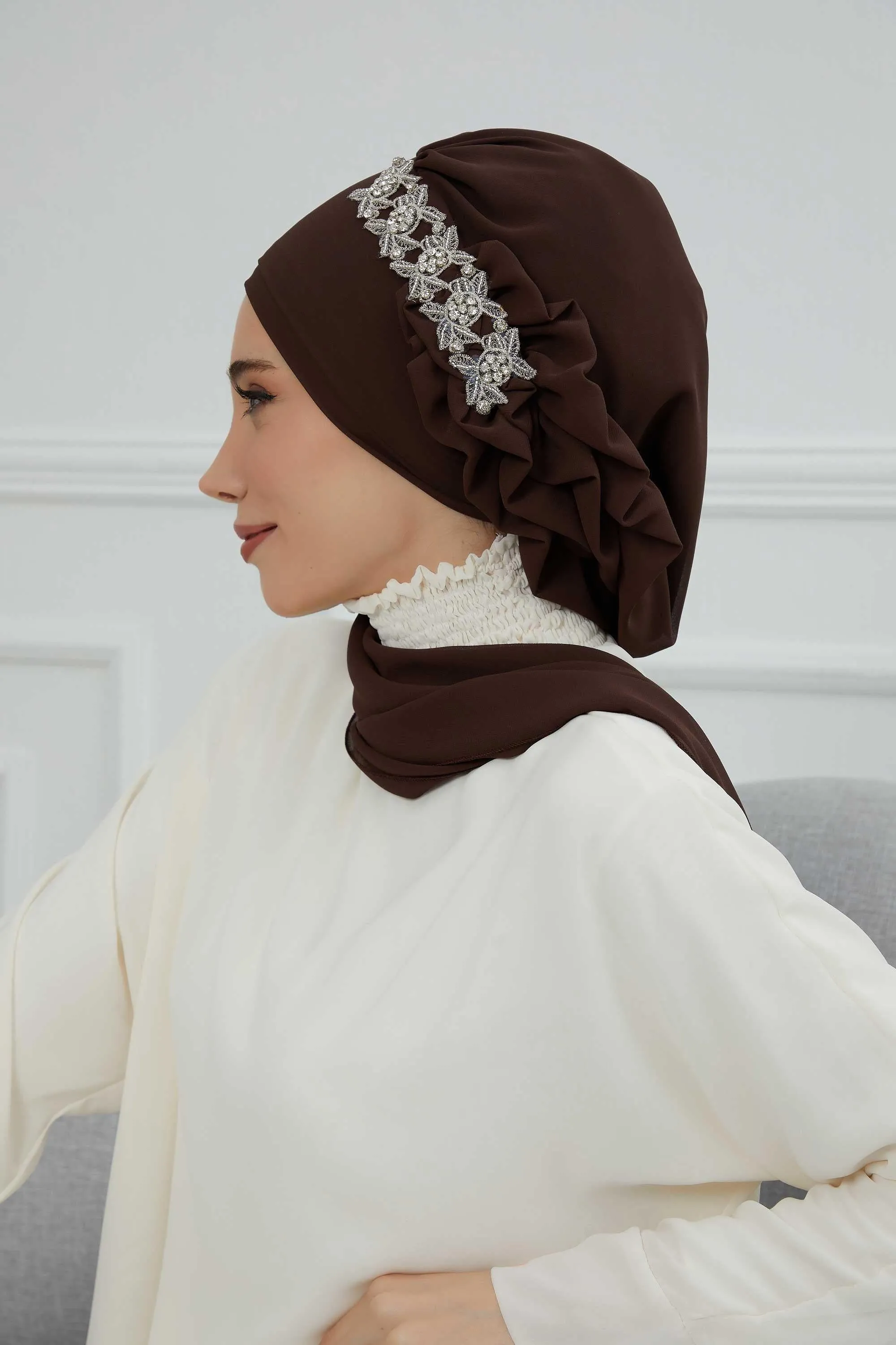 Side Frilled Instant Turban Chiffon Scarf Head Turbans with Unique Accessory For Women Headwear Stylish Elegant Design,HT-100