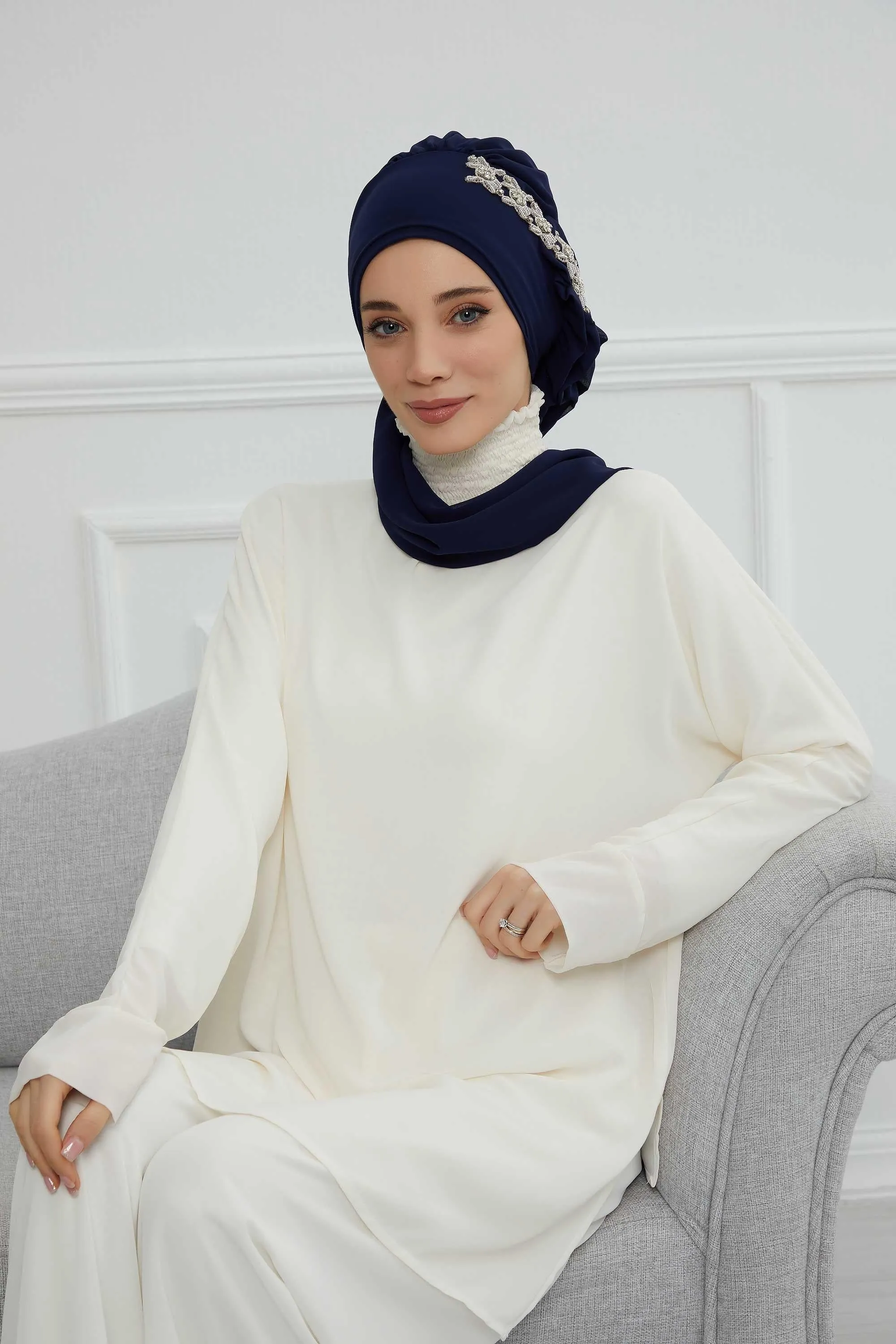 Side Frilled Instant Turban Chiffon Scarf Head Turbans with Unique Accessory For Women Headwear Stylish Elegant Design,HT-100