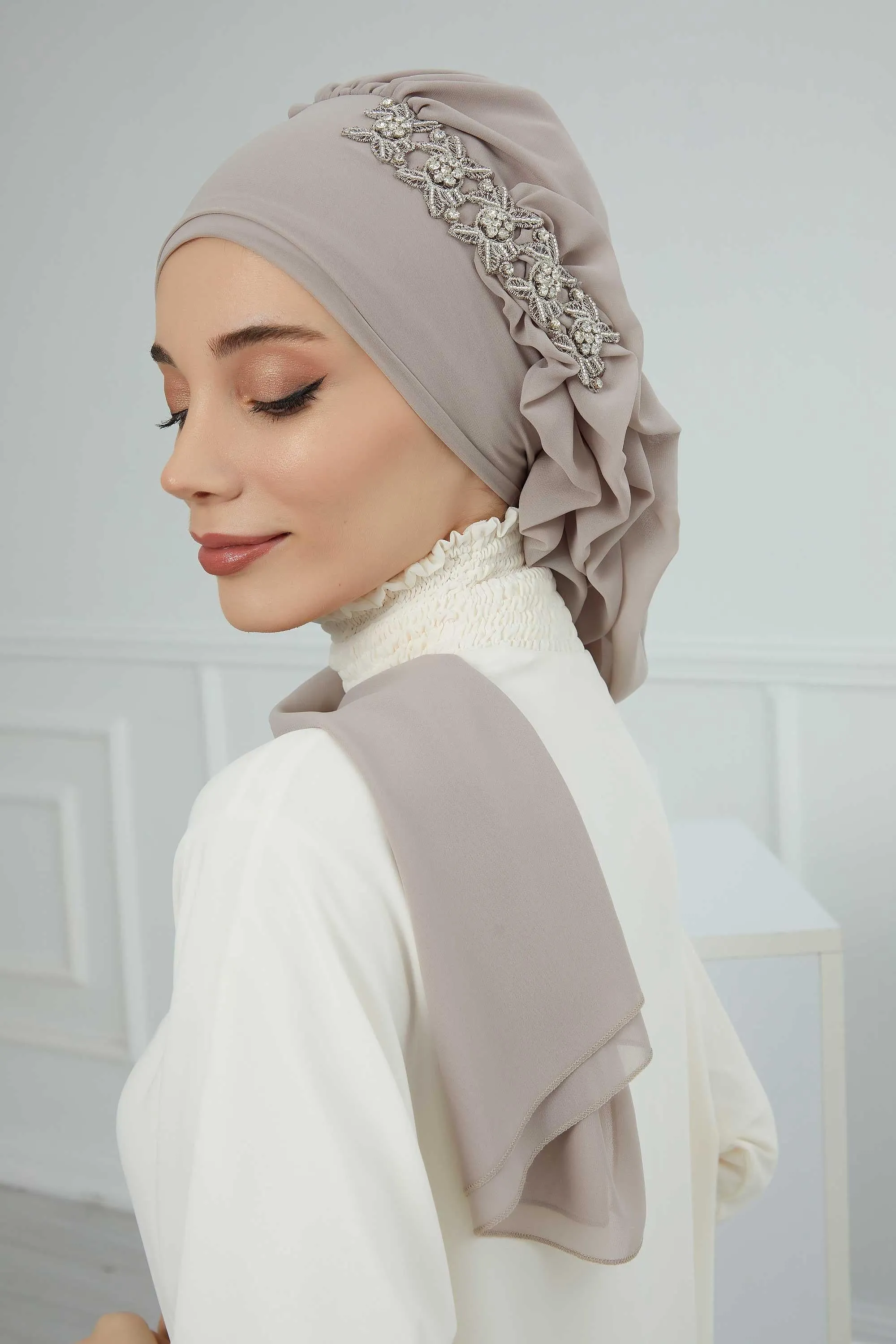 Side Frilled Instant Turban Chiffon Scarf Head Turbans with Unique Accessory For Women Headwear Stylish Elegant Design,HT-100