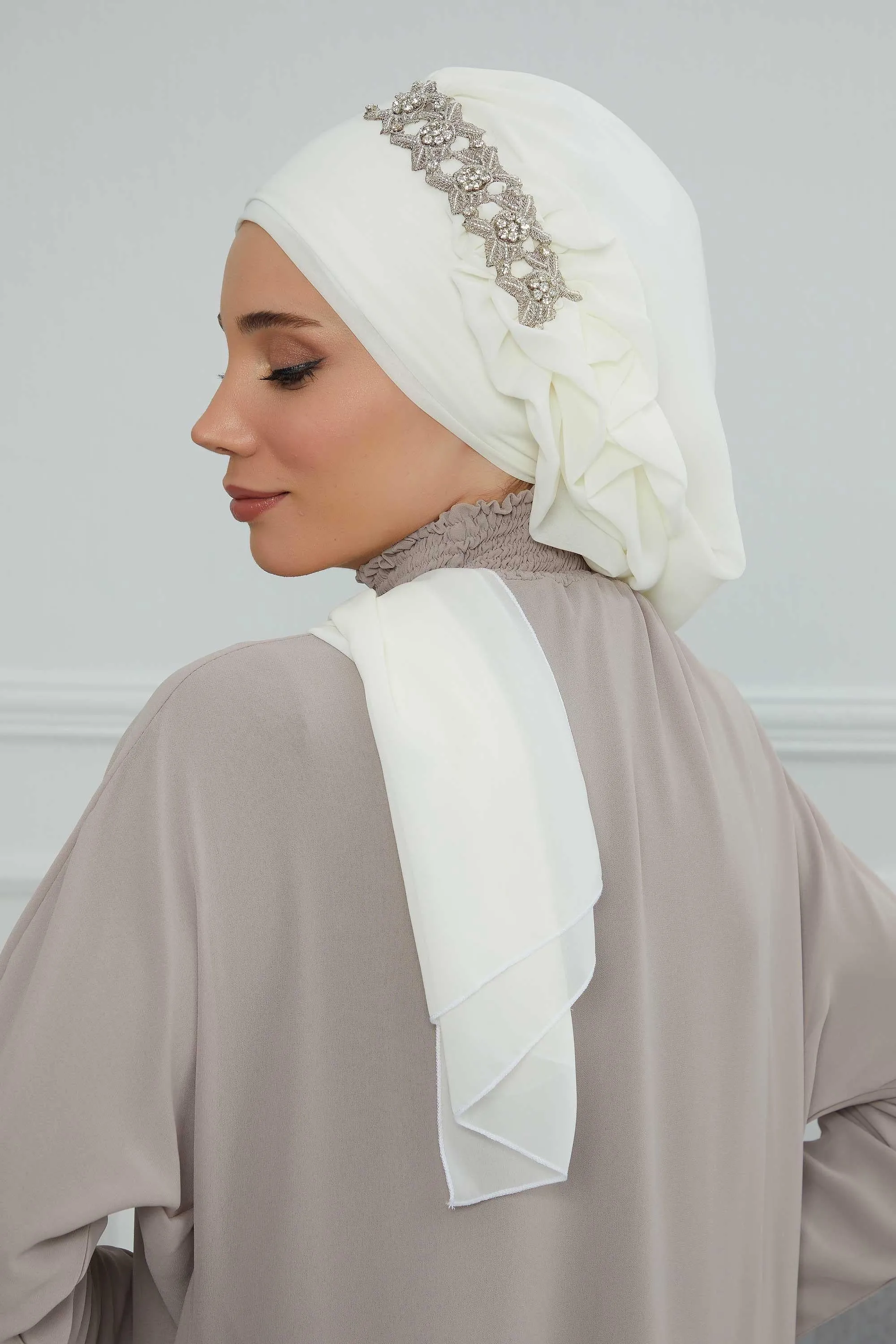 Side Frilled Instant Turban Chiffon Scarf Head Turbans with Unique Accessory For Women Headwear Stylish Elegant Design,HT-100