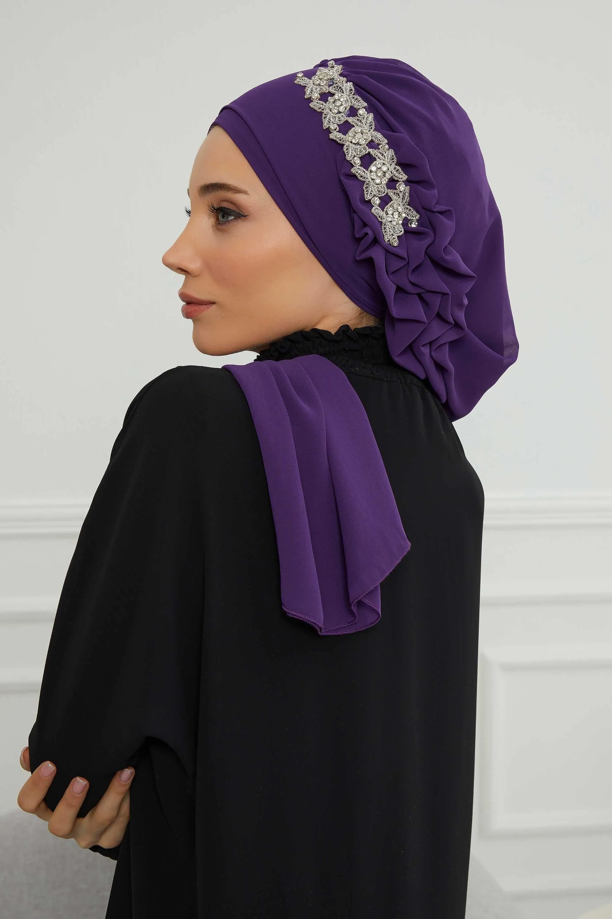Side Frilled Instant Turban Chiffon Scarf Head Turbans with Unique Accessory For Women Headwear Stylish Elegant Design,HT-100