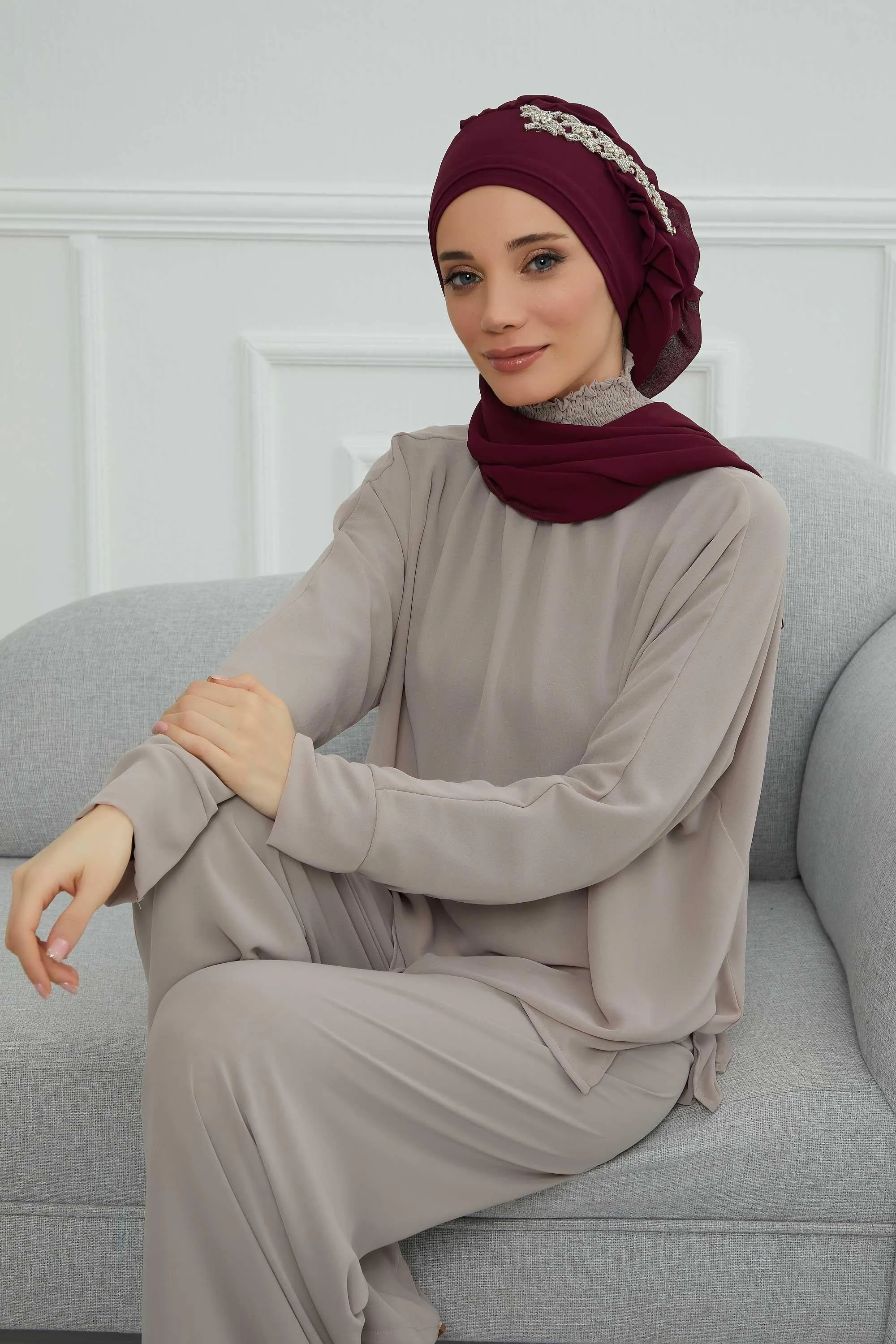 Side Frilled Instant Turban Chiffon Scarf Head Turbans with Unique Accessory For Women Headwear Stylish Elegant Design,HT-100