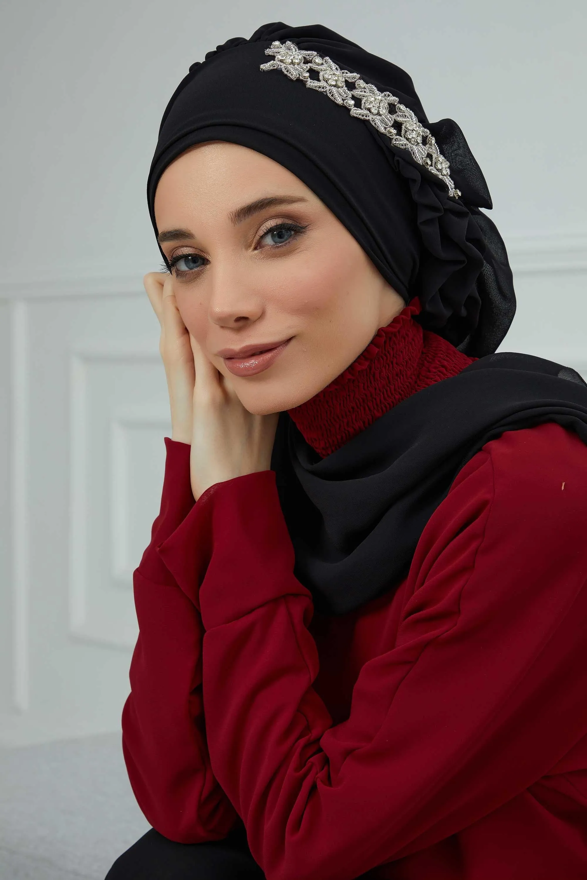 Side Frilled Instant Turban Chiffon Scarf Head Turbans with Unique Accessory For Women Headwear Stylish Elegant Design,HT-100