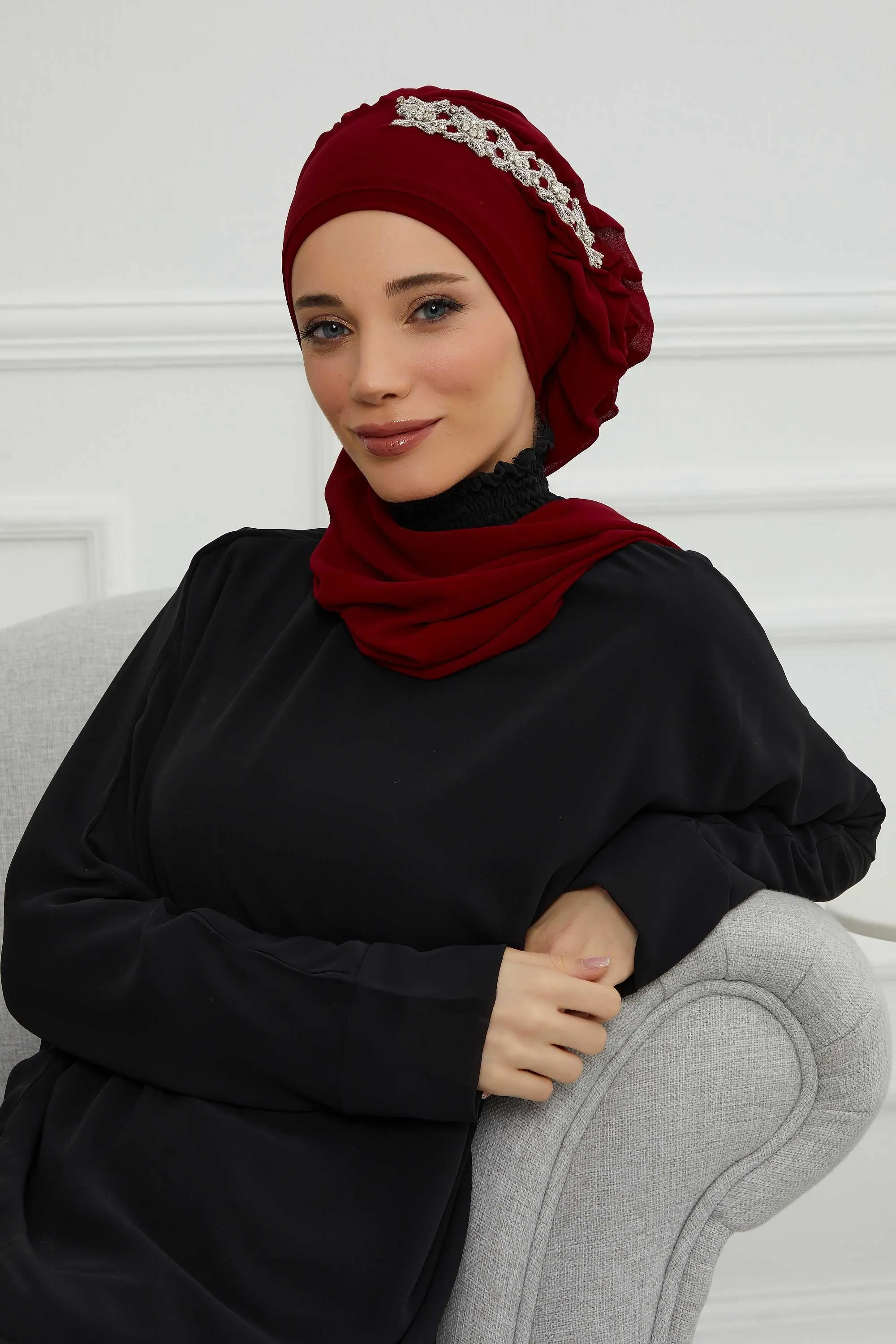 Side Frilled Instant Turban Chiffon Scarf Head Turbans with Unique Accessory For Women Headwear Stylish Elegant Design,HT-100
