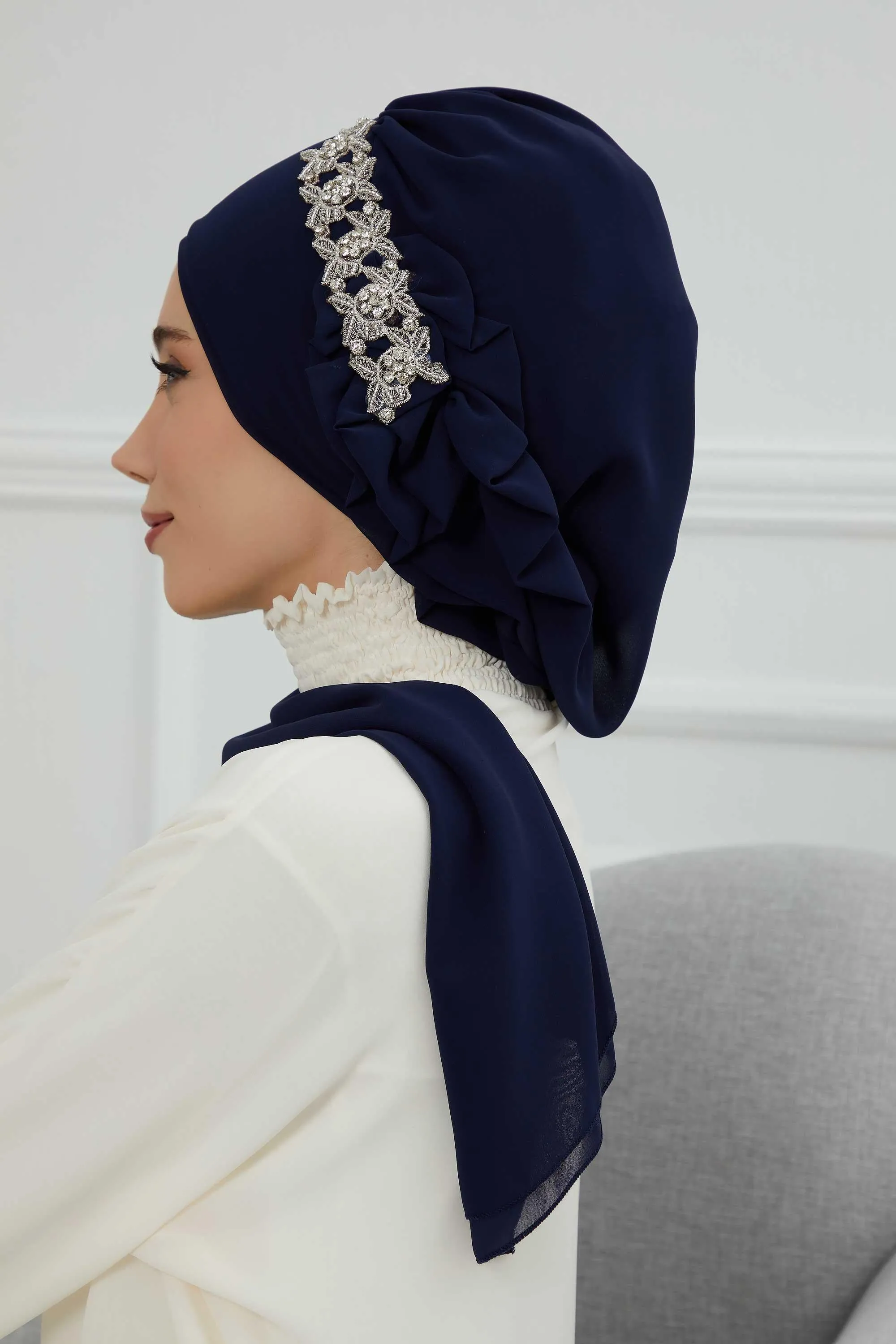 Side Frilled Instant Turban Chiffon Scarf Head Turbans with Unique Accessory For Women Headwear Stylish Elegant Design,HT-100
