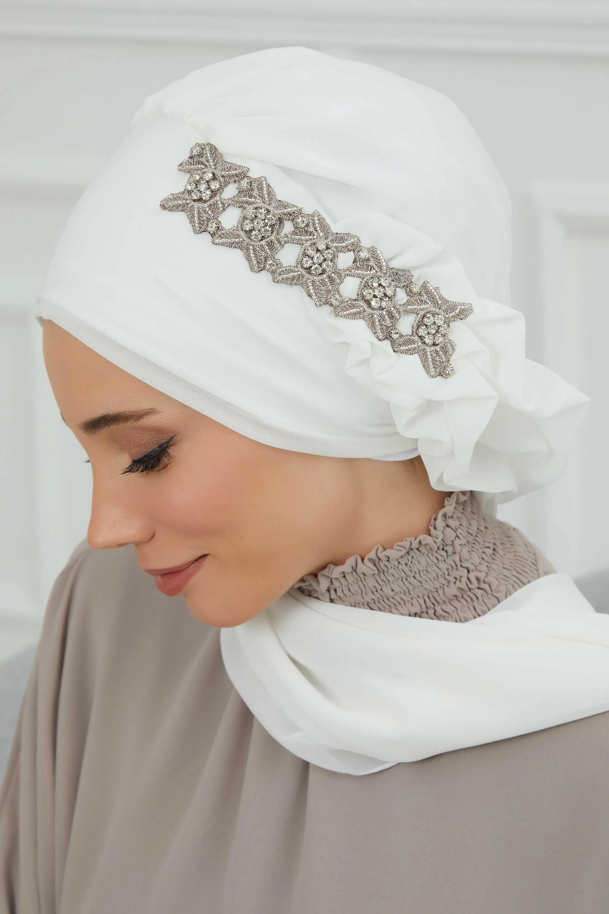 Side Frilled Instant Turban Chiffon Scarf Head Turbans with Unique Accessory For Women Headwear Stylish Elegant Design,HT-100
