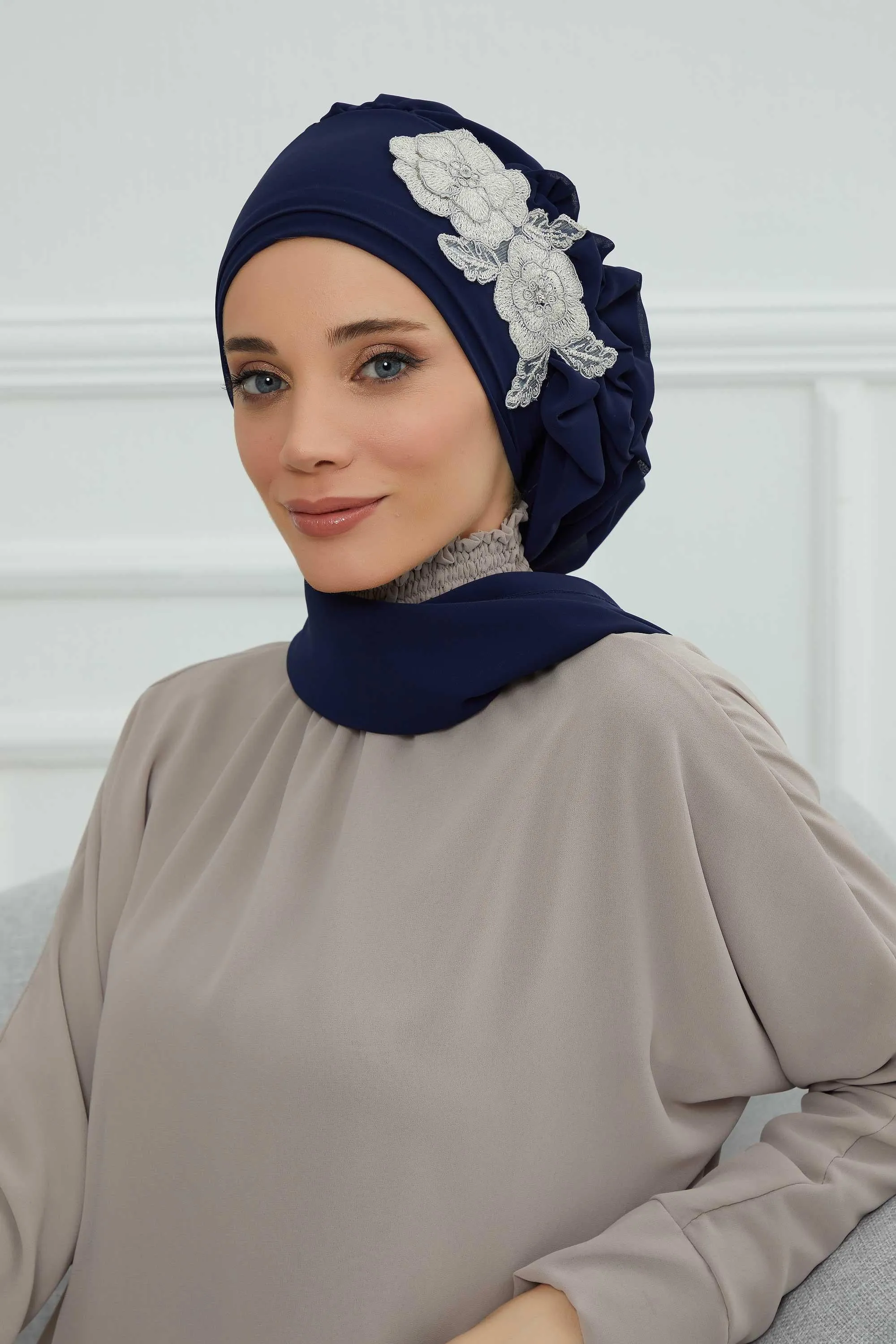 Side Frilled Instant Turban Chiffon Scarf Head Turbans with Unique Flower Accessory For Women Headwear Stylish Elegant Design,HT-102