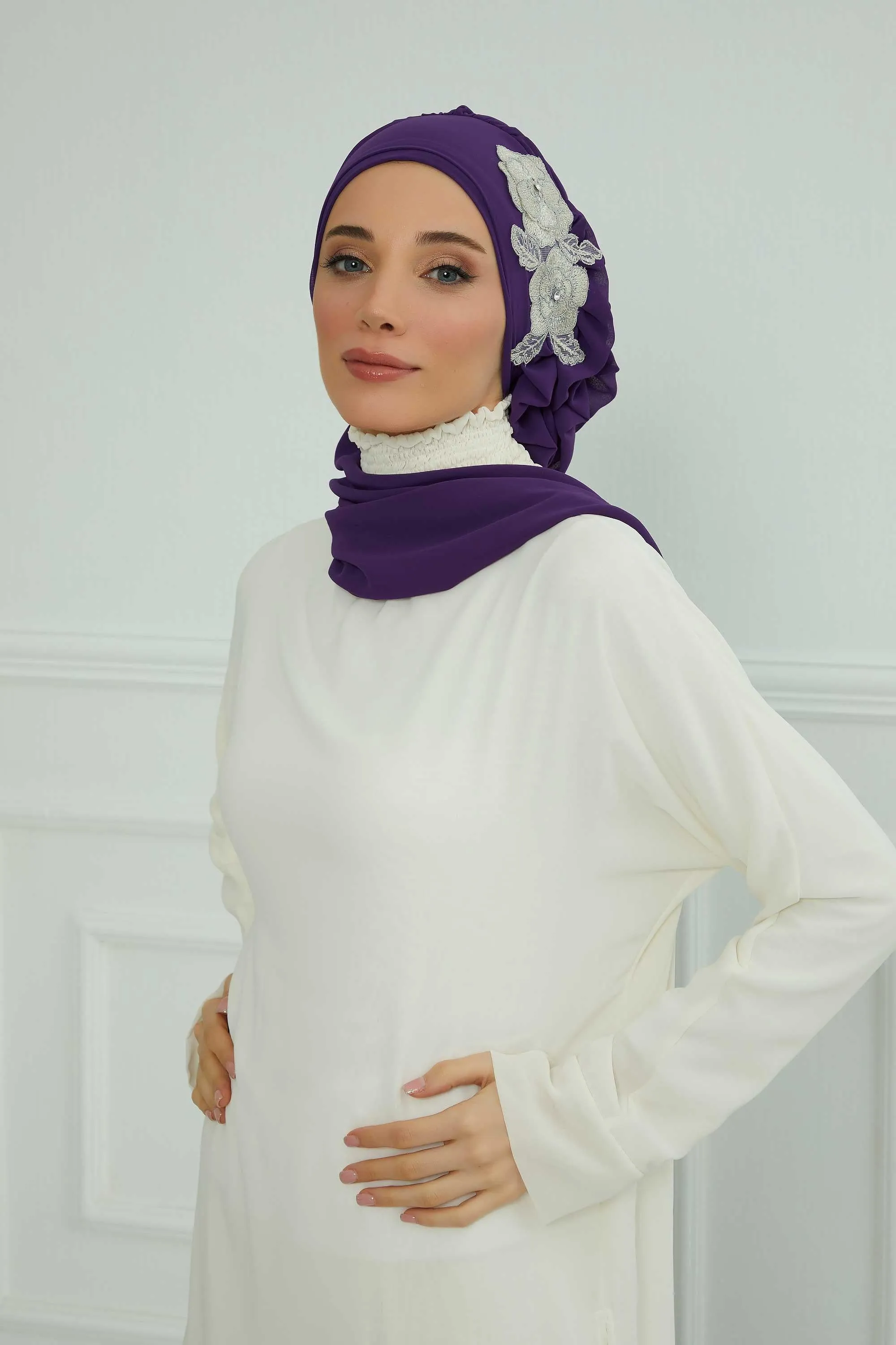 Side Frilled Instant Turban Chiffon Scarf Head Turbans with Unique Flower Accessory For Women Headwear Stylish Elegant Design,HT-102