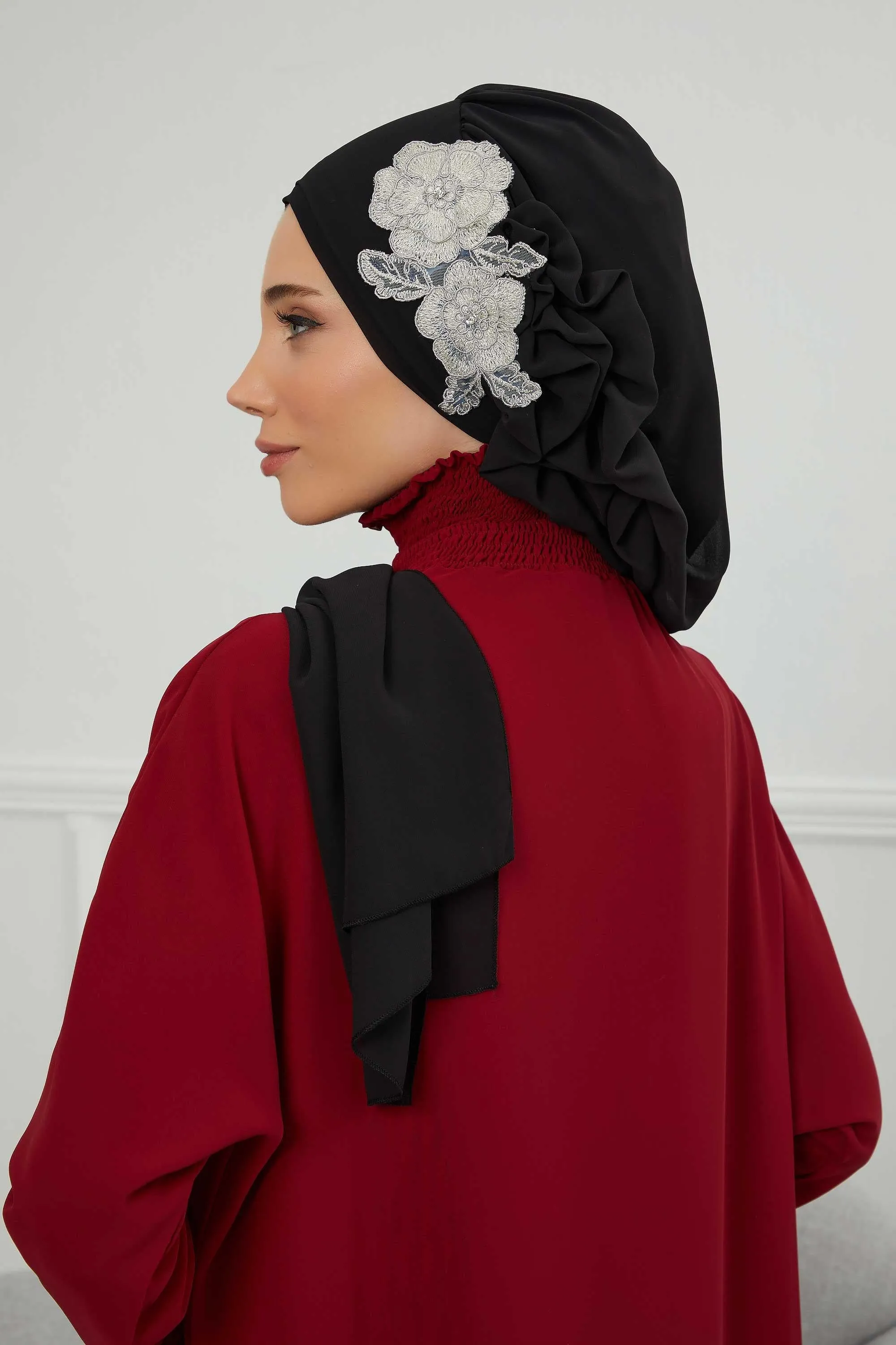 Side Frilled Instant Turban Chiffon Scarf Head Turbans with Unique Flower Accessory For Women Headwear Stylish Elegant Design,HT-102