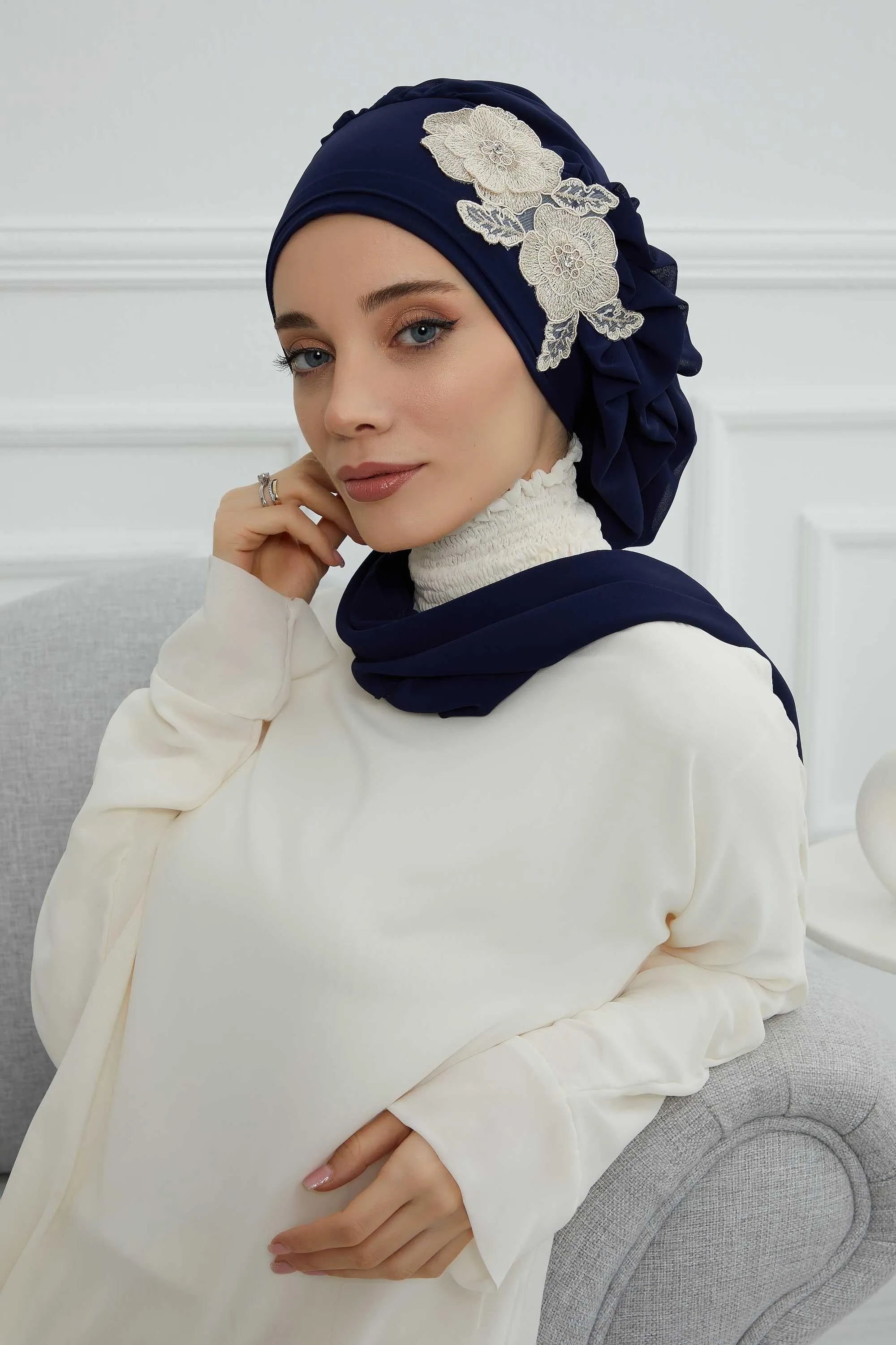 Side Frilled Instant Turban Chiffon Scarf Head Turbans with Unique Flower Accessory For Women Headwear Stylish Elegant Design,HT-102