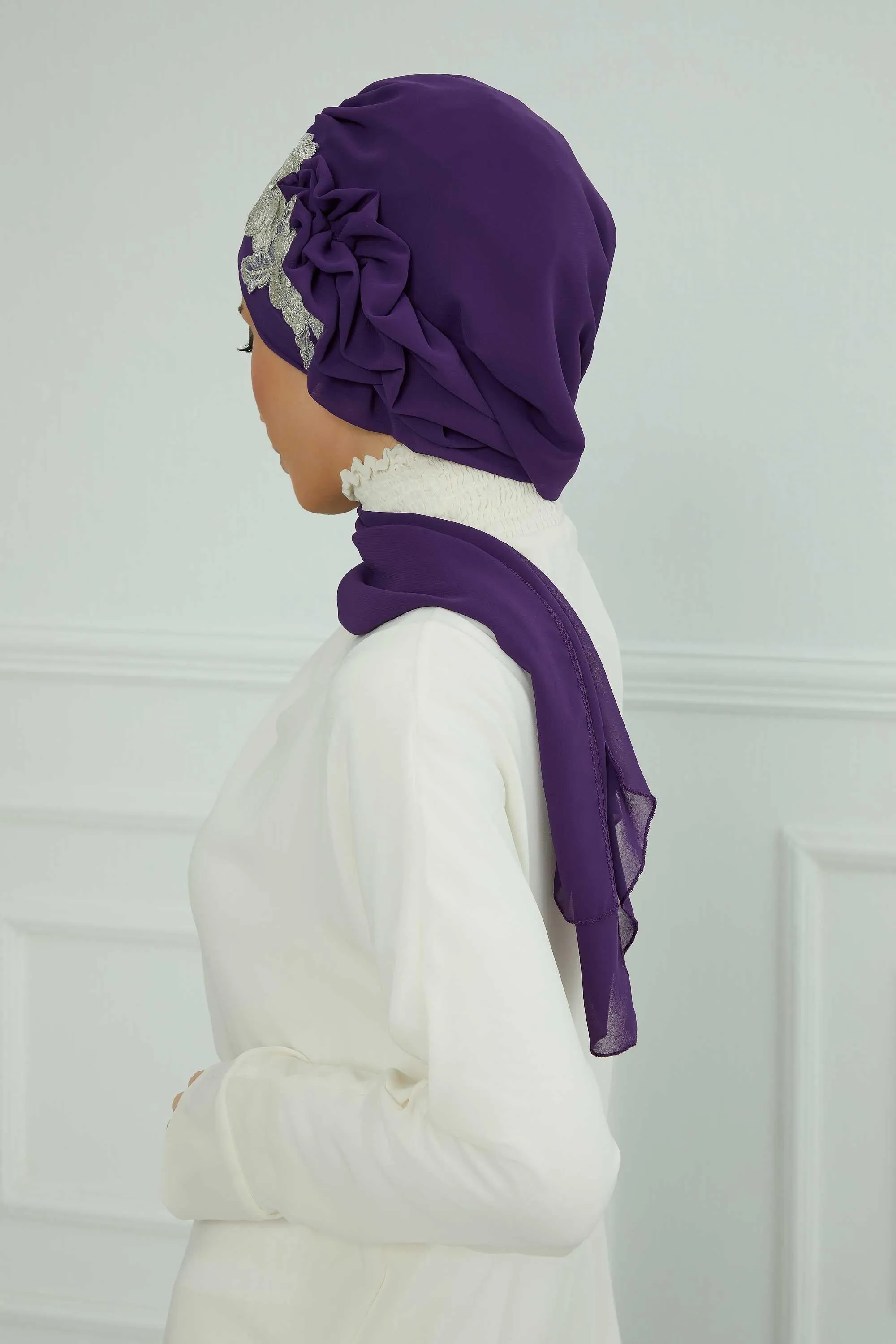 Side Frilled Instant Turban Chiffon Scarf Head Turbans with Unique Flower Accessory For Women Headwear Stylish Elegant Design,HT-102