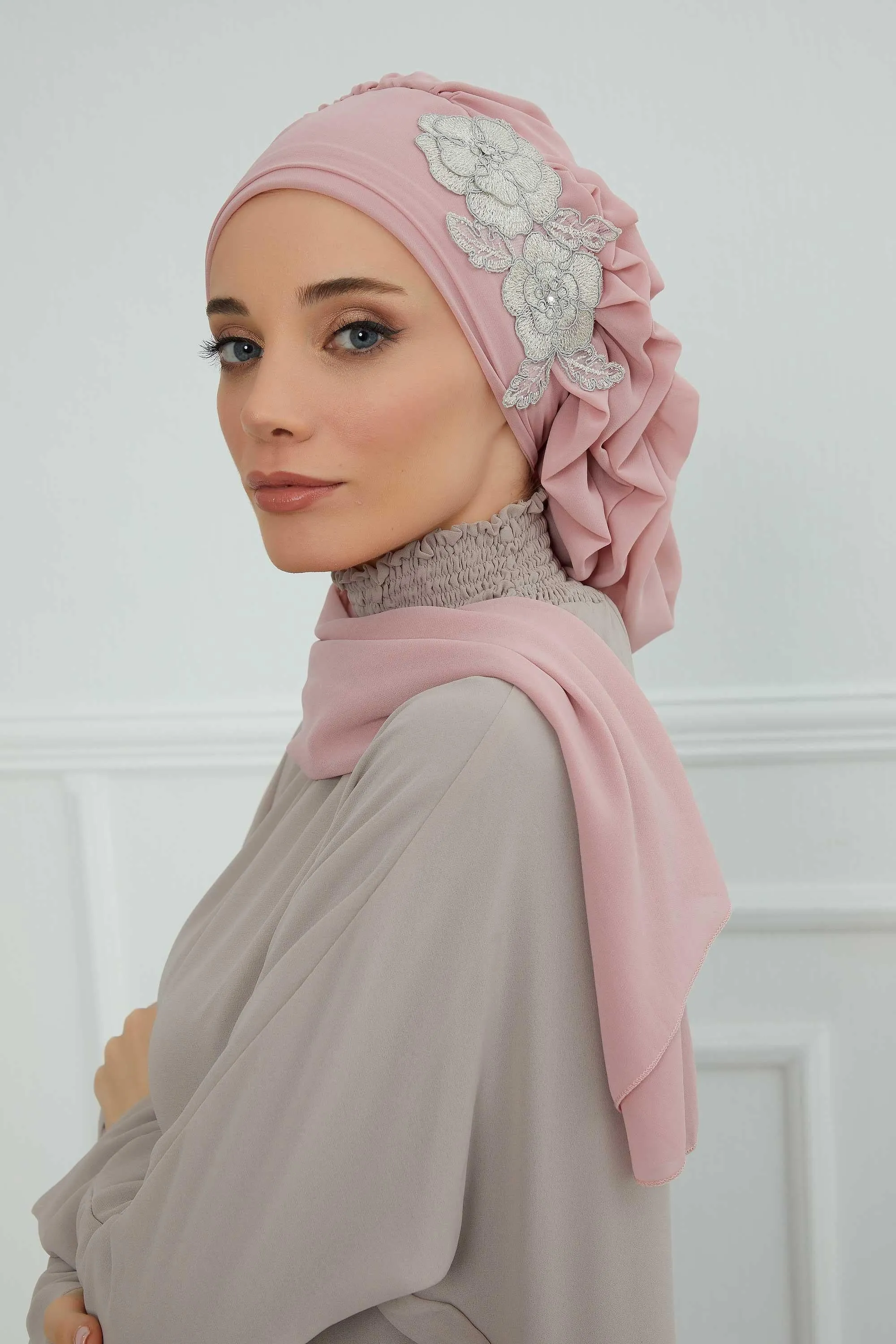 Side Frilled Instant Turban Chiffon Scarf Head Turbans with Unique Flower Accessory For Women Headwear Stylish Elegant Design,HT-102