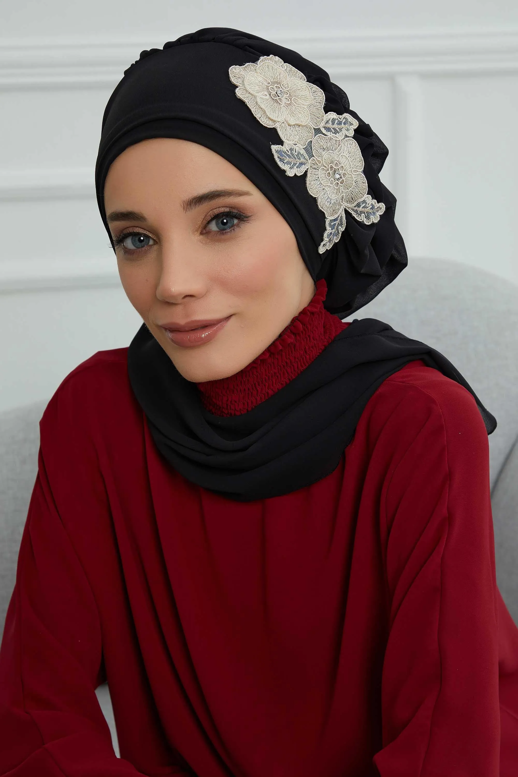 Side Frilled Instant Turban Chiffon Scarf Head Turbans with Unique Flower Accessory For Women Headwear Stylish Elegant Design,HT-102