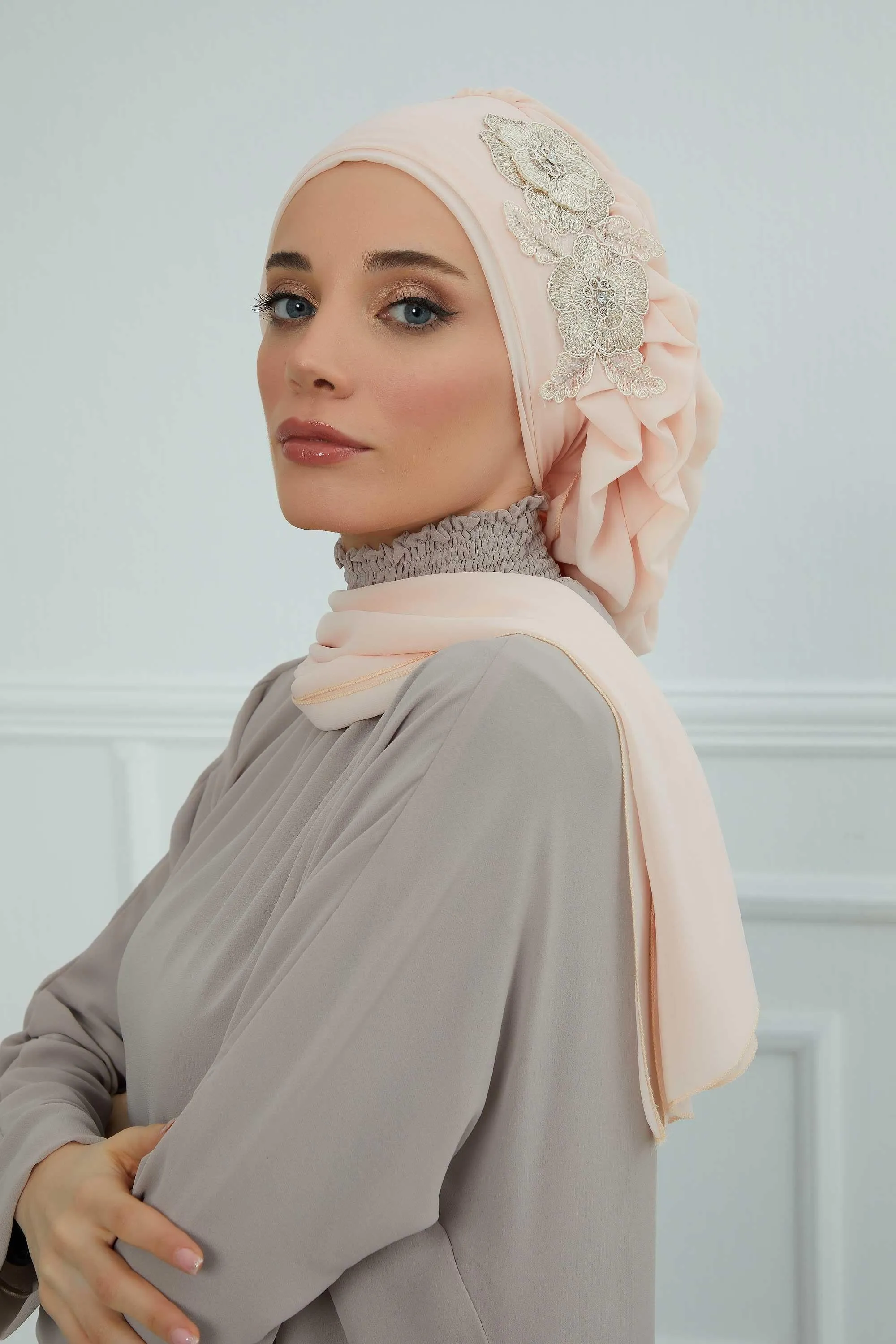 Side Frilled Instant Turban Chiffon Scarf Head Turbans with Unique Flower Accessory For Women Headwear Stylish Elegant Design,HT-102