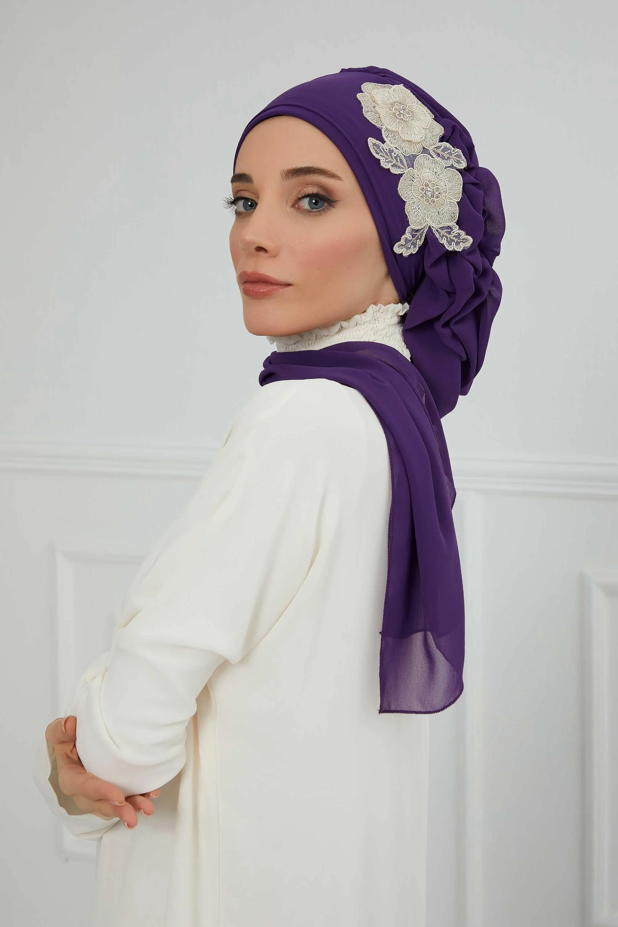 Side Frilled Instant Turban Chiffon Scarf Head Turbans with Unique Flower Accessory For Women Headwear Stylish Elegant Design,HT-102