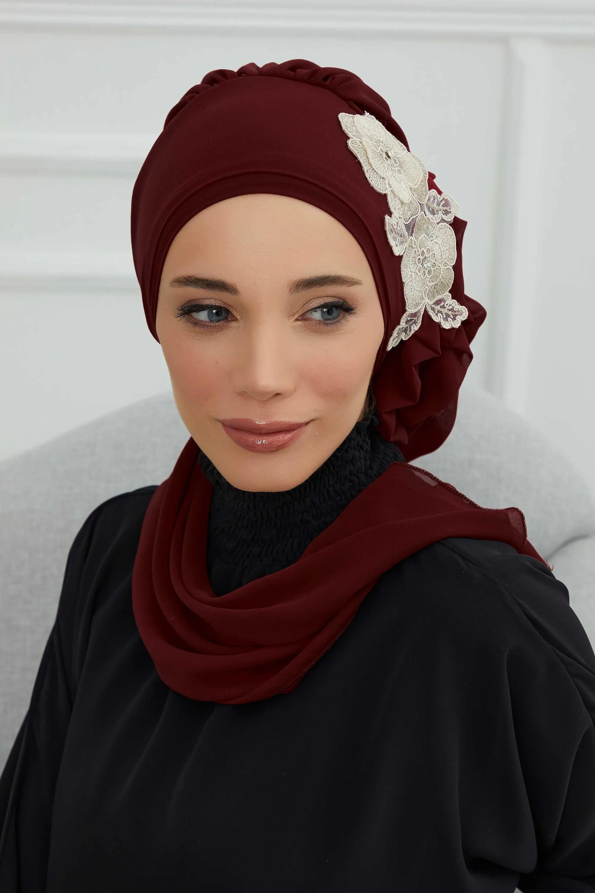 Side Frilled Instant Turban Chiffon Scarf Head Turbans with Unique Flower Accessory For Women Headwear Stylish Elegant Design,HT-102