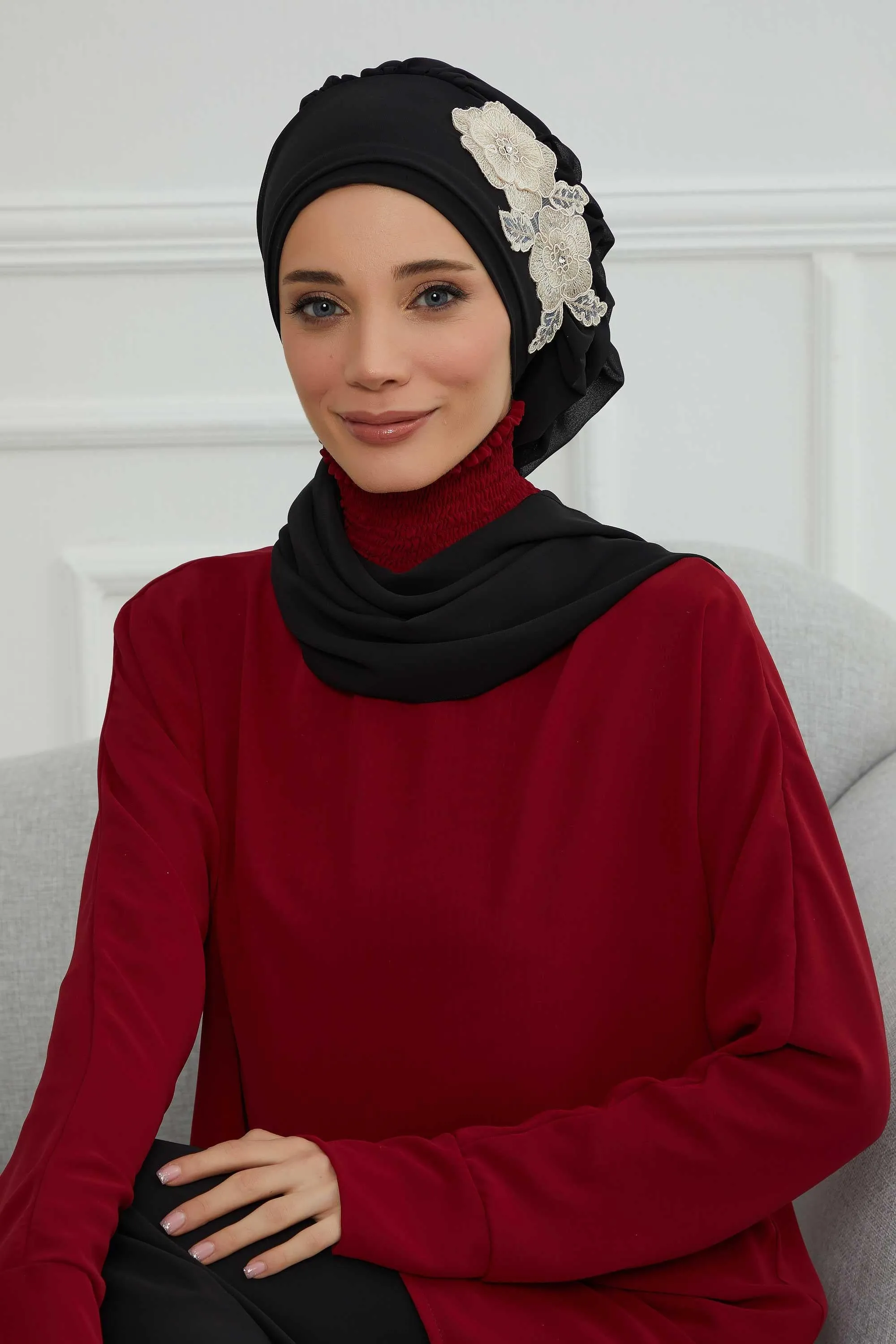Side Frilled Instant Turban Chiffon Scarf Head Turbans with Unique Flower Accessory For Women Headwear Stylish Elegant Design,HT-102