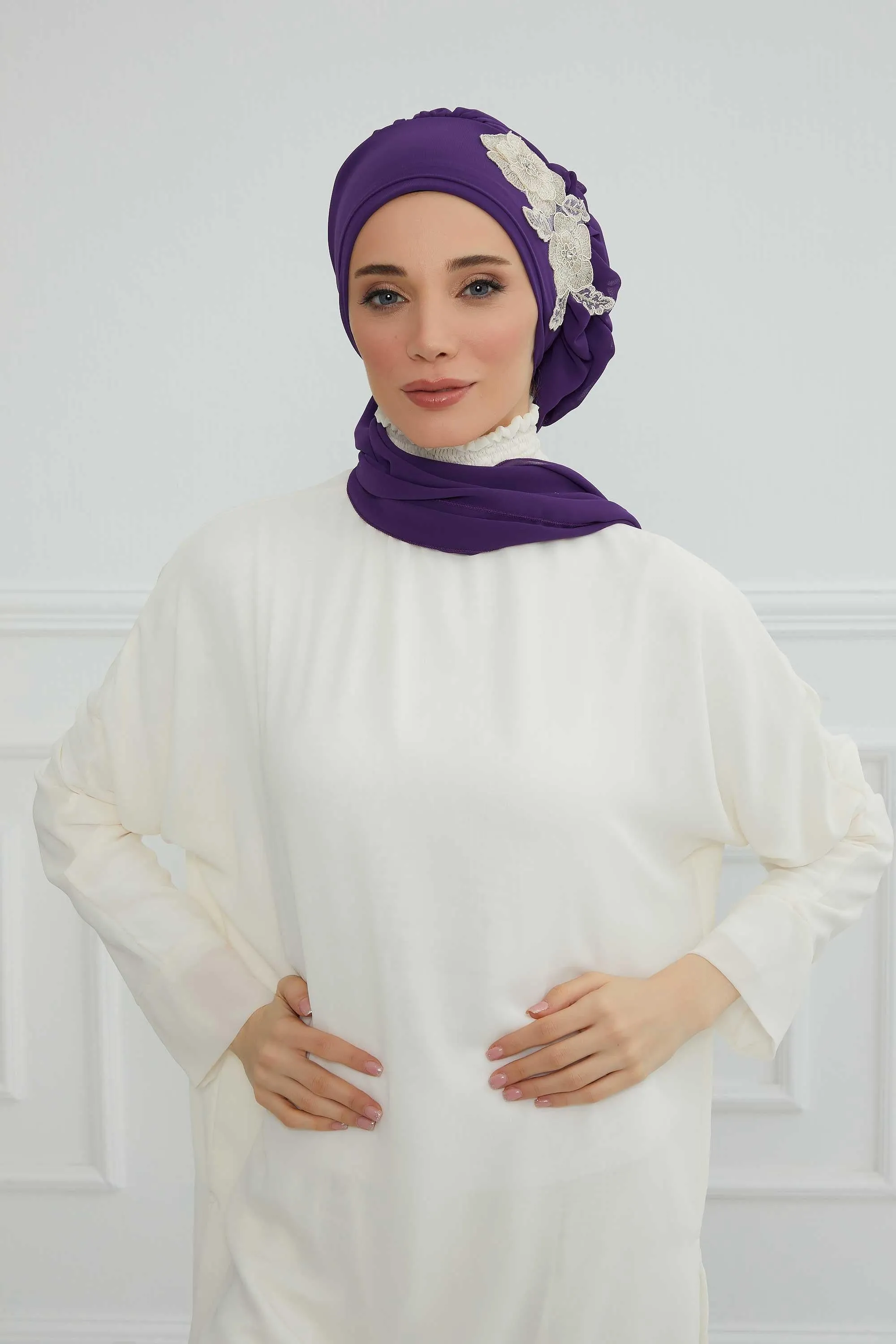 Side Frilled Instant Turban Chiffon Scarf Head Turbans with Unique Flower Accessory For Women Headwear Stylish Elegant Design,HT-102