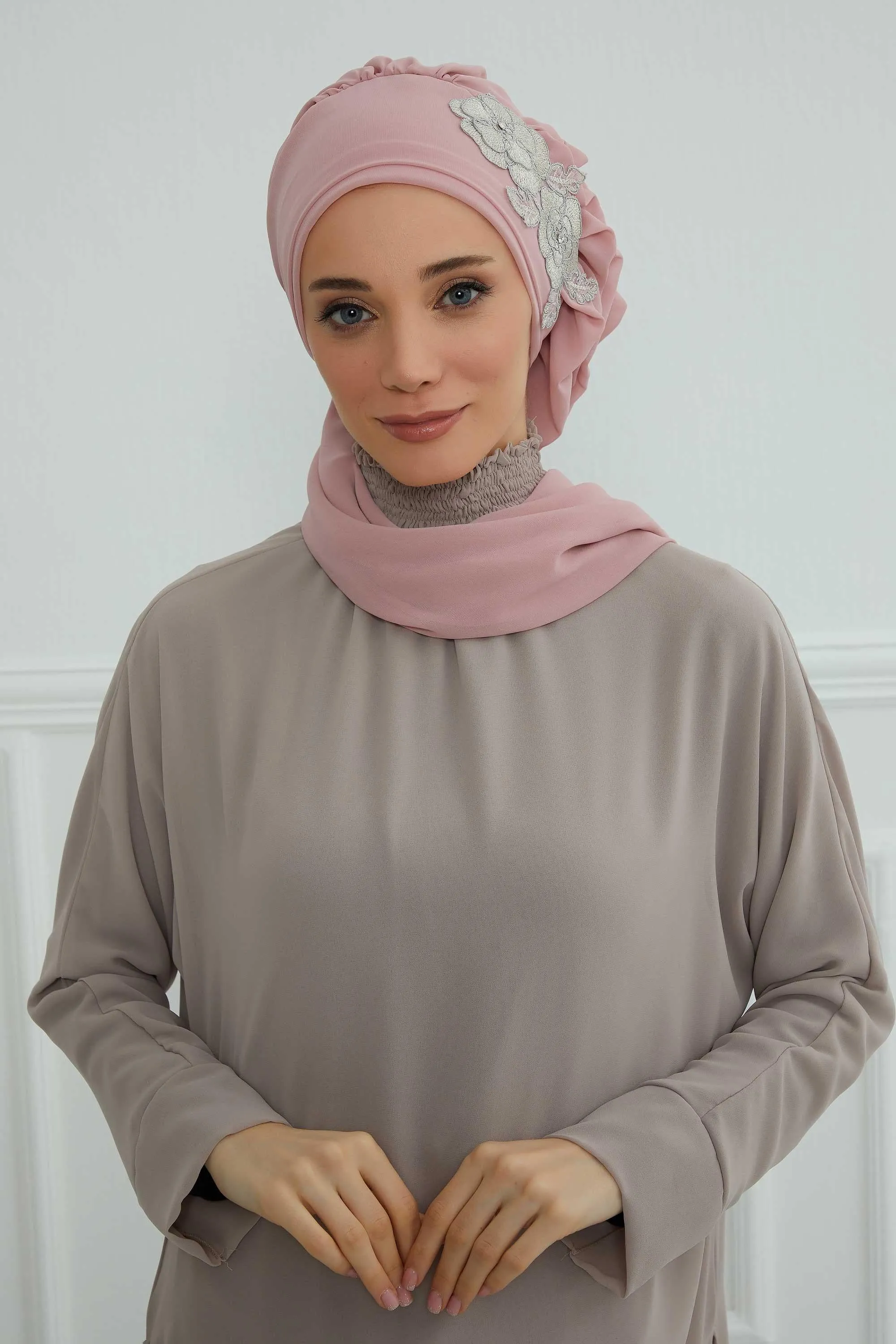 Side Frilled Instant Turban Chiffon Scarf Head Turbans with Unique Flower Accessory For Women Headwear Stylish Elegant Design,HT-102