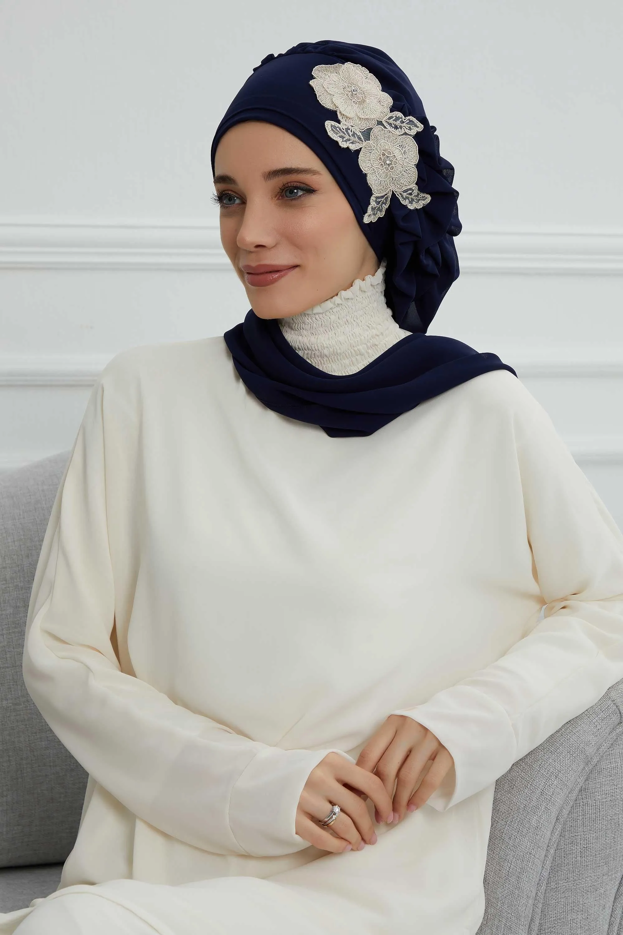 Side Frilled Instant Turban Chiffon Scarf Head Turbans with Unique Flower Accessory For Women Headwear Stylish Elegant Design,HT-102