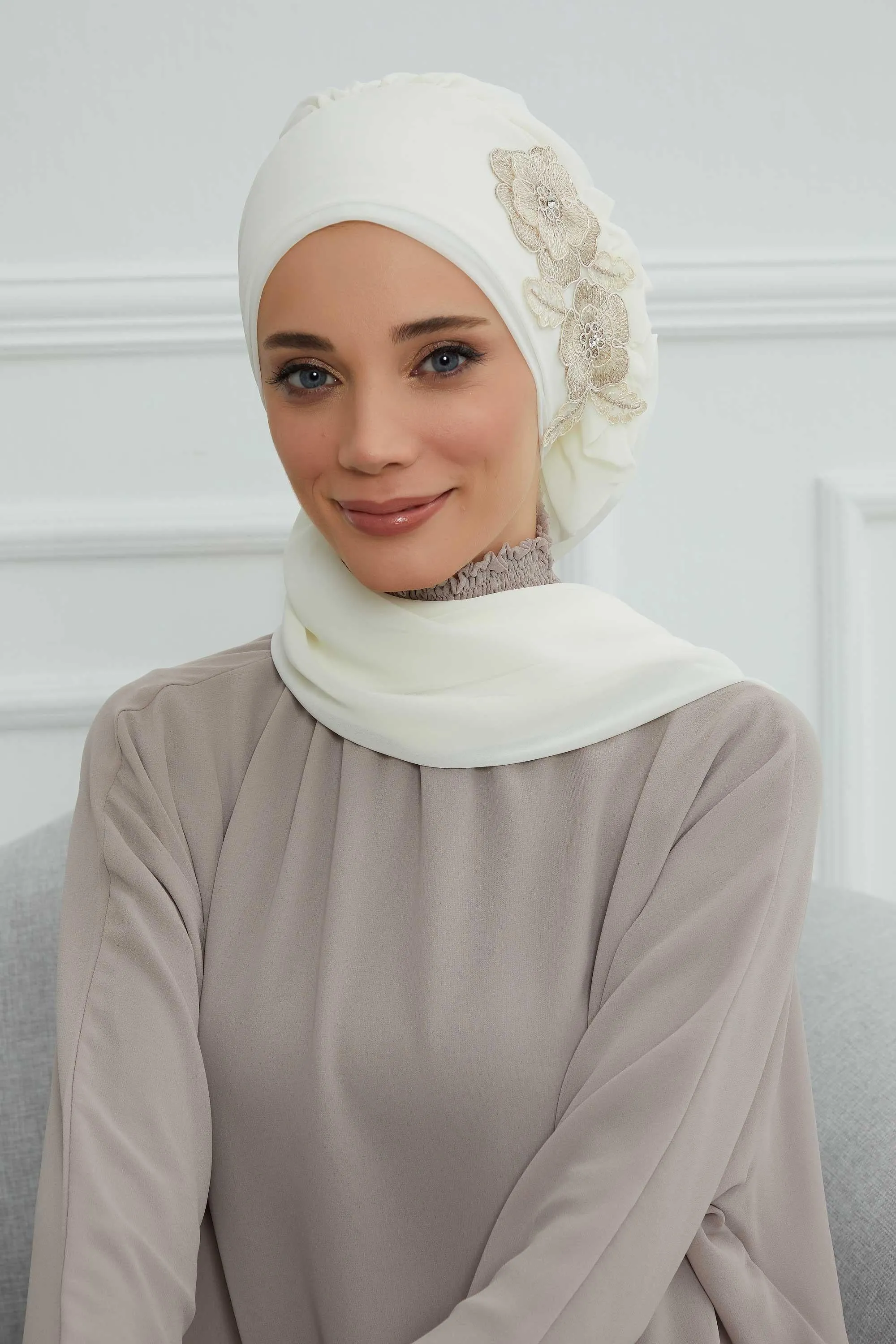 Side Frilled Instant Turban Chiffon Scarf Head Turbans with Unique Flower Accessory For Women Headwear Stylish Elegant Design,HT-102