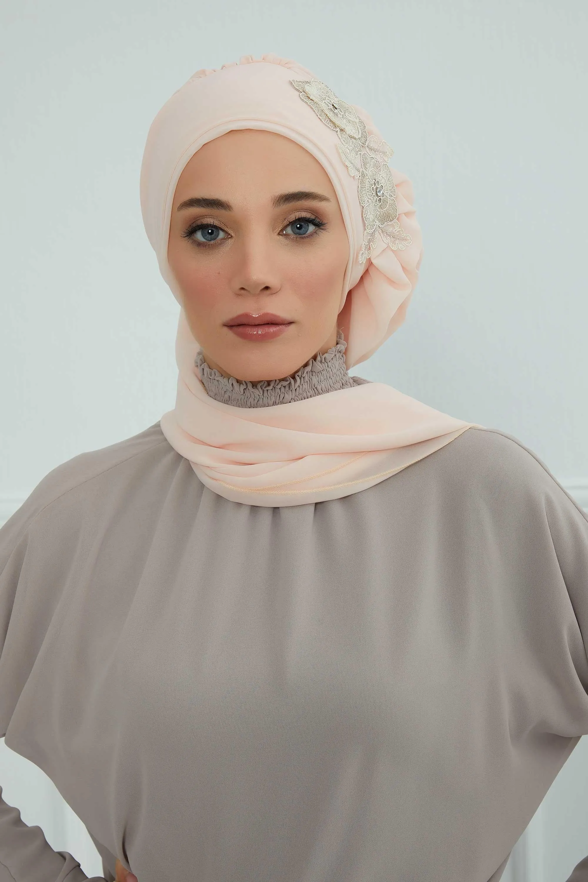 Side Frilled Instant Turban Chiffon Scarf Head Turbans with Unique Flower Accessory For Women Headwear Stylish Elegant Design,HT-102