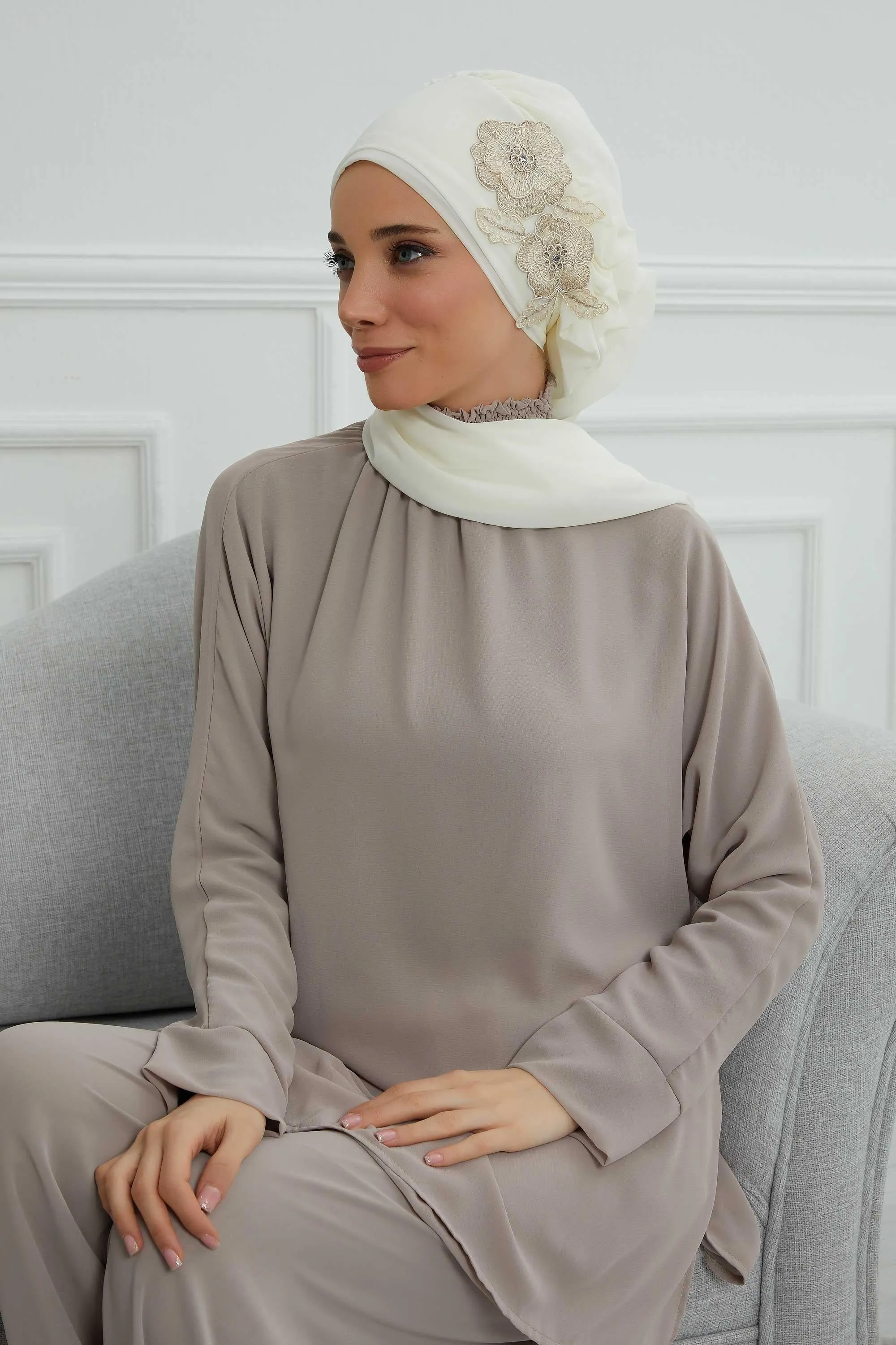 Side Frilled Instant Turban Chiffon Scarf Head Turbans with Unique Flower Accessory For Women Headwear Stylish Elegant Design,HT-102