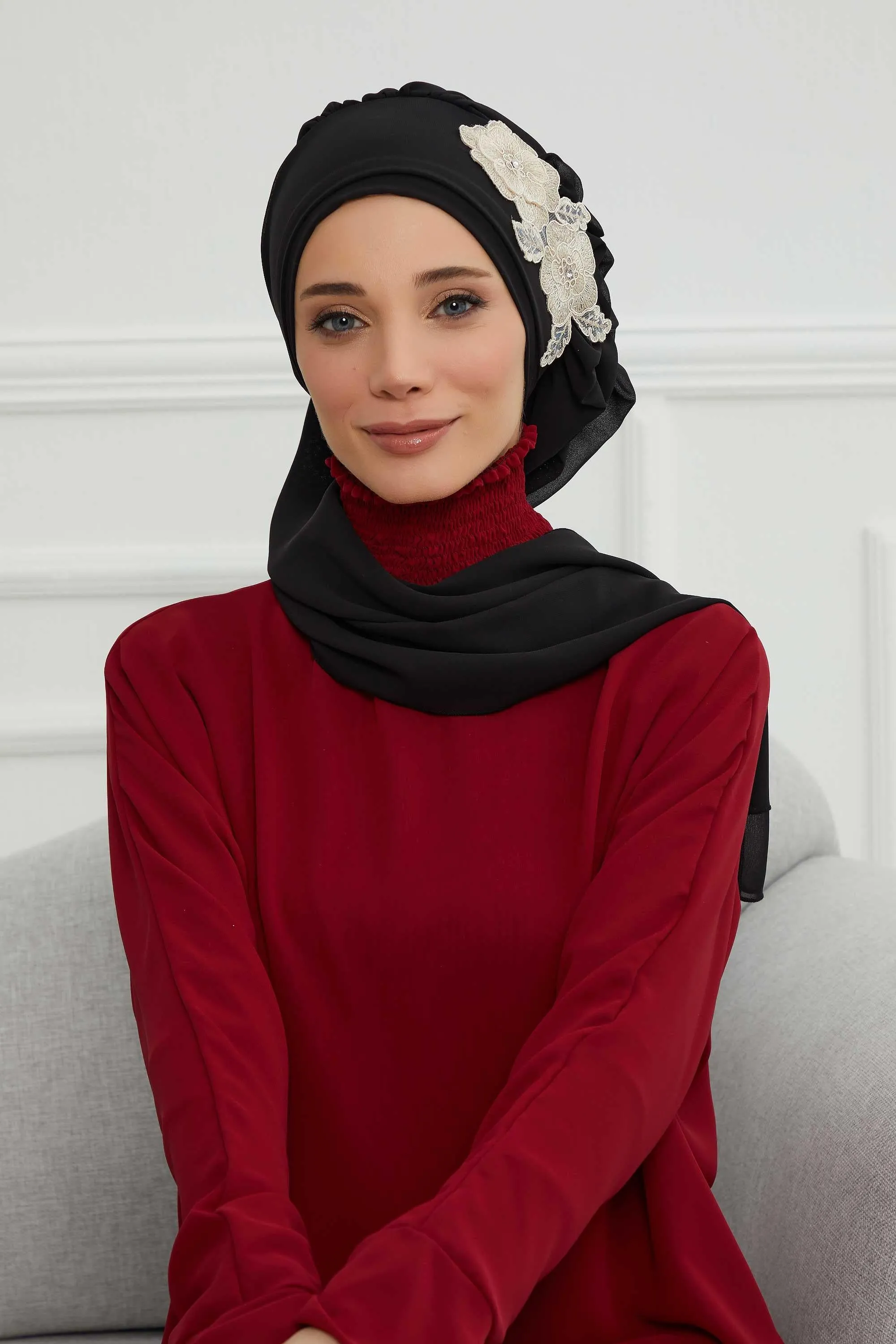 Side Frilled Instant Turban Chiffon Scarf Head Turbans with Unique Flower Accessory For Women Headwear Stylish Elegant Design,HT-102