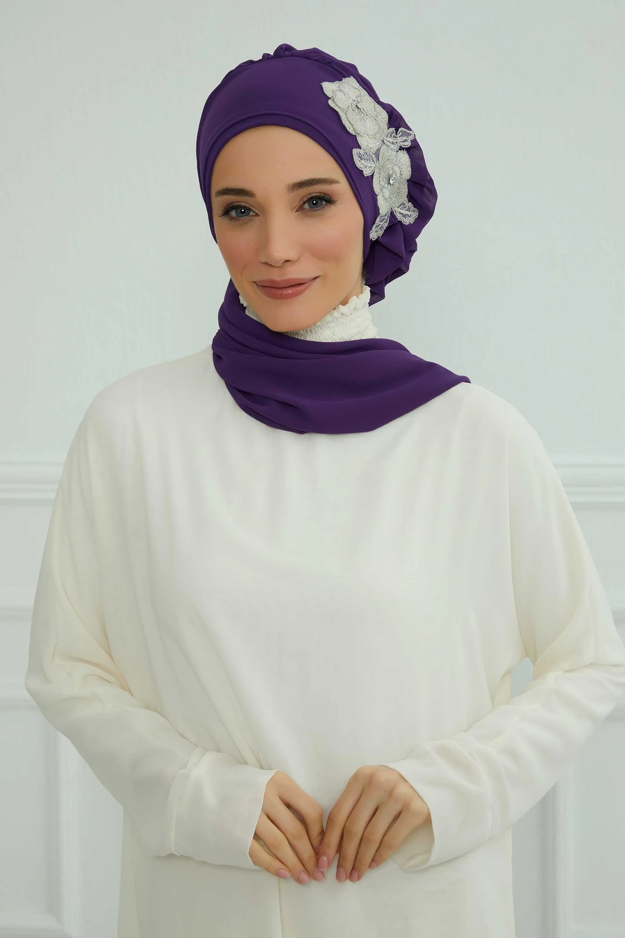 Side Frilled Instant Turban Chiffon Scarf Head Turbans with Unique Flower Accessory For Women Headwear Stylish Elegant Design,HT-102