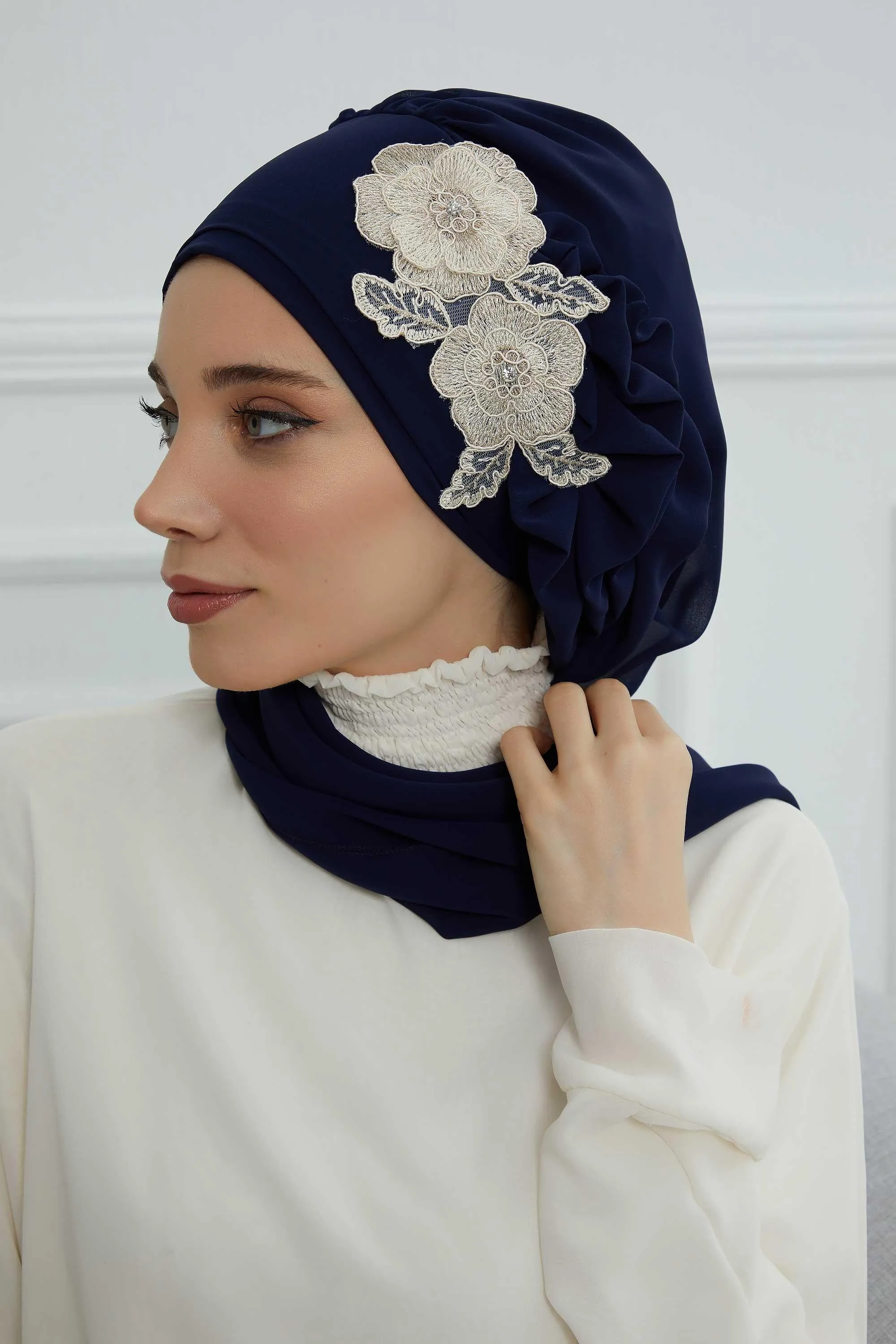 Side Frilled Instant Turban Chiffon Scarf Head Turbans with Unique Flower Accessory For Women Headwear Stylish Elegant Design,HT-102