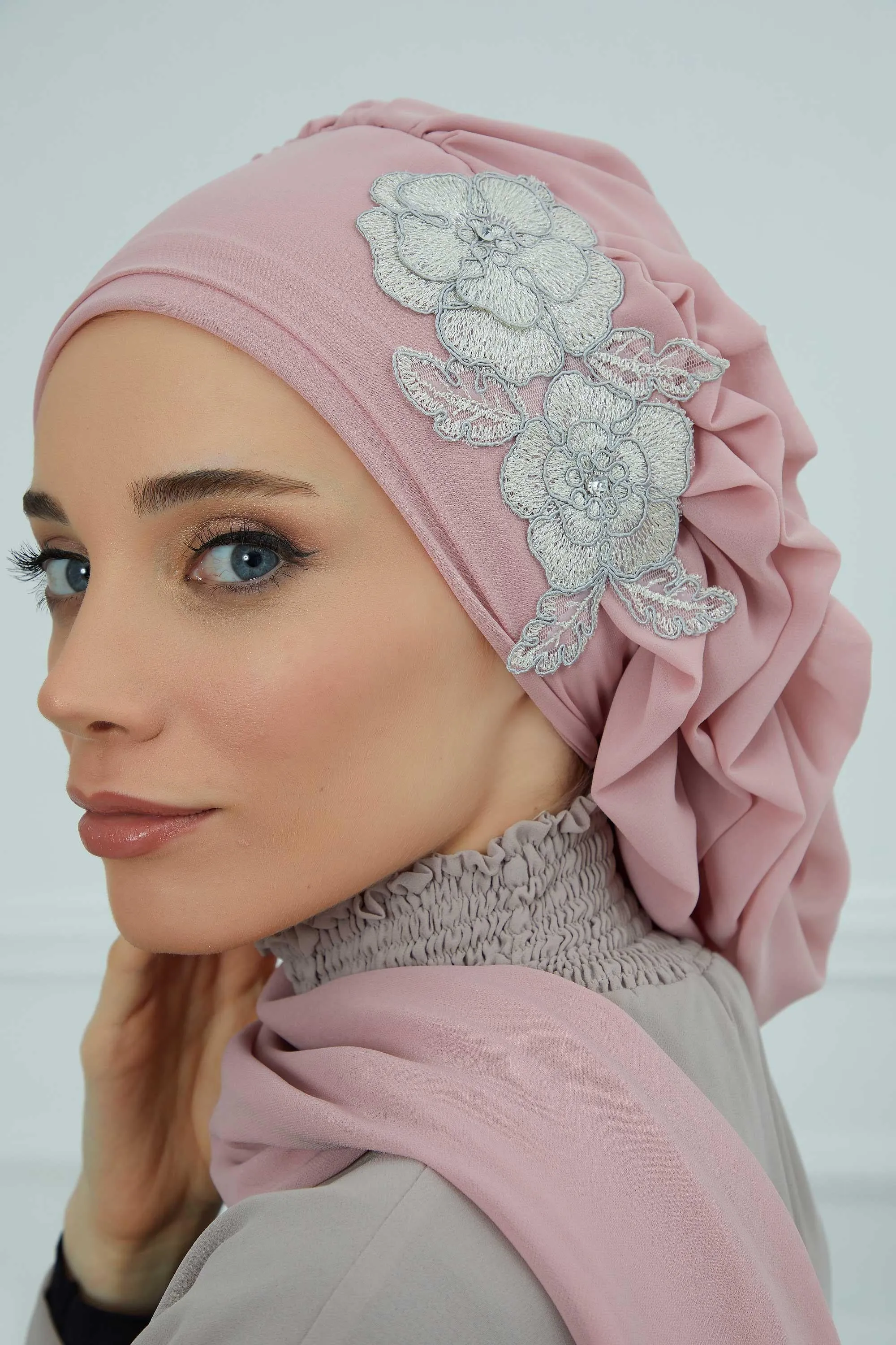Side Frilled Instant Turban Chiffon Scarf Head Turbans with Unique Flower Accessory For Women Headwear Stylish Elegant Design,HT-102