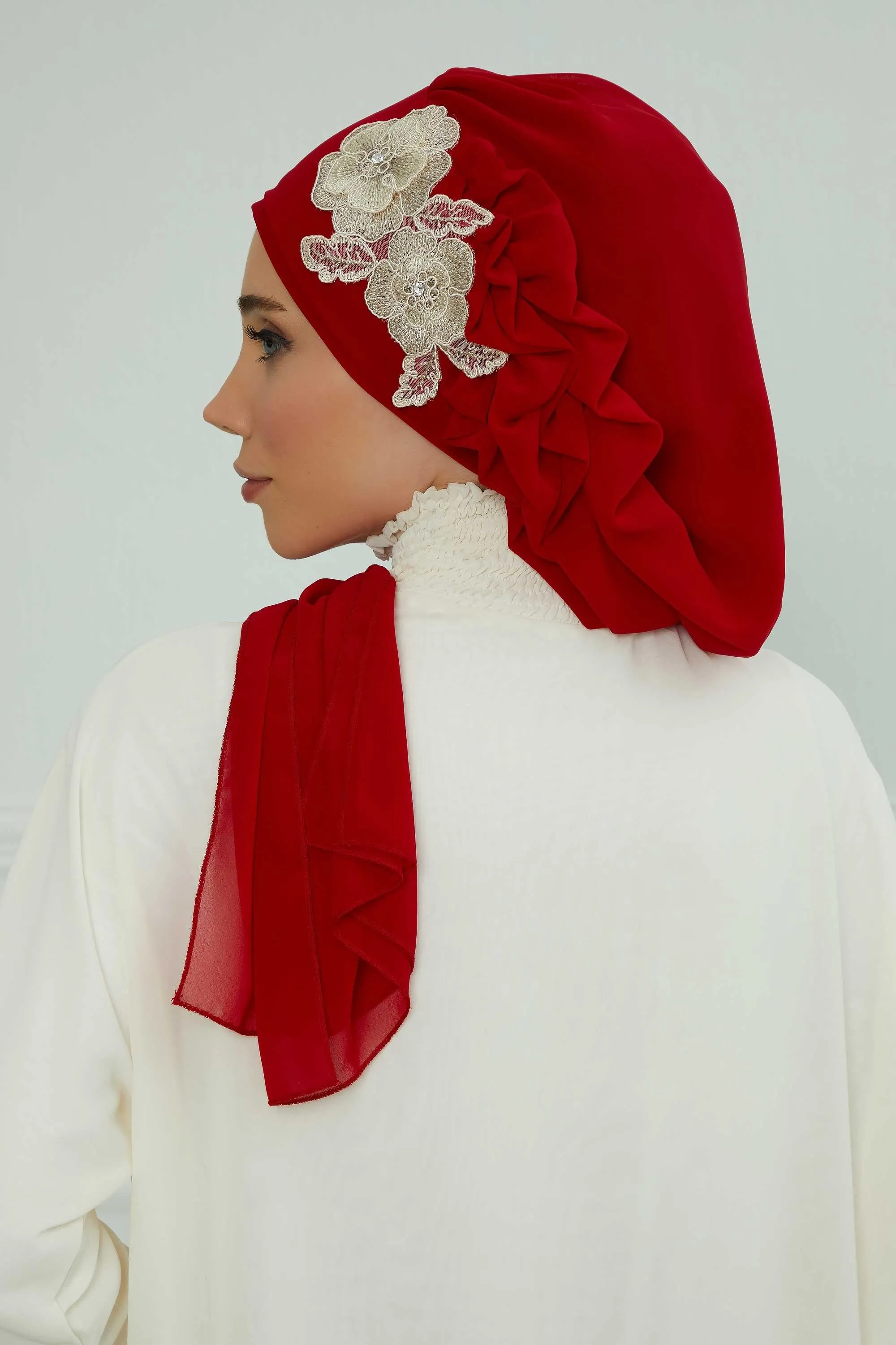 Side Frilled Instant Turban Chiffon Scarf Head Turbans with Unique Flower Accessory For Women Headwear Stylish Elegant Design,HT-102
