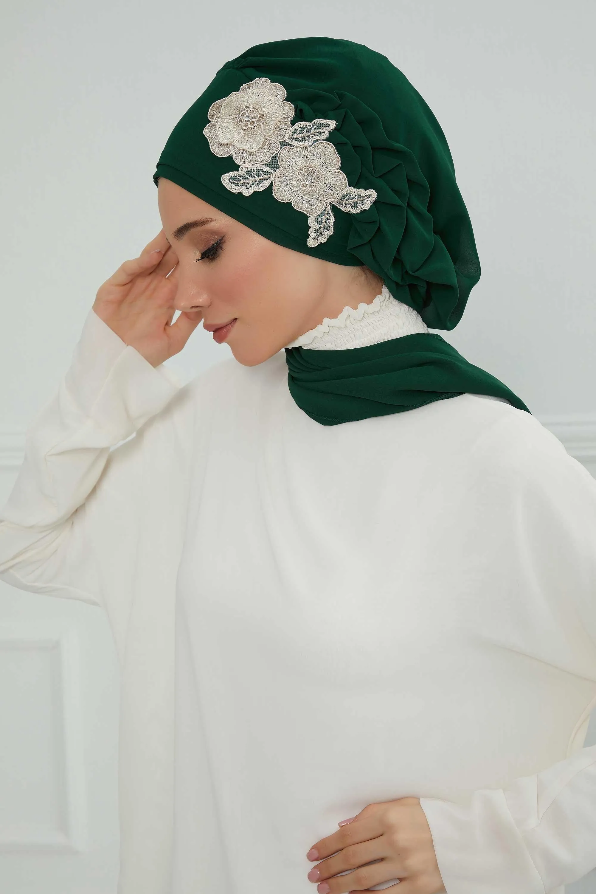 Side Frilled Instant Turban Chiffon Scarf Head Turbans with Unique Flower Accessory For Women Headwear Stylish Elegant Design,HT-102