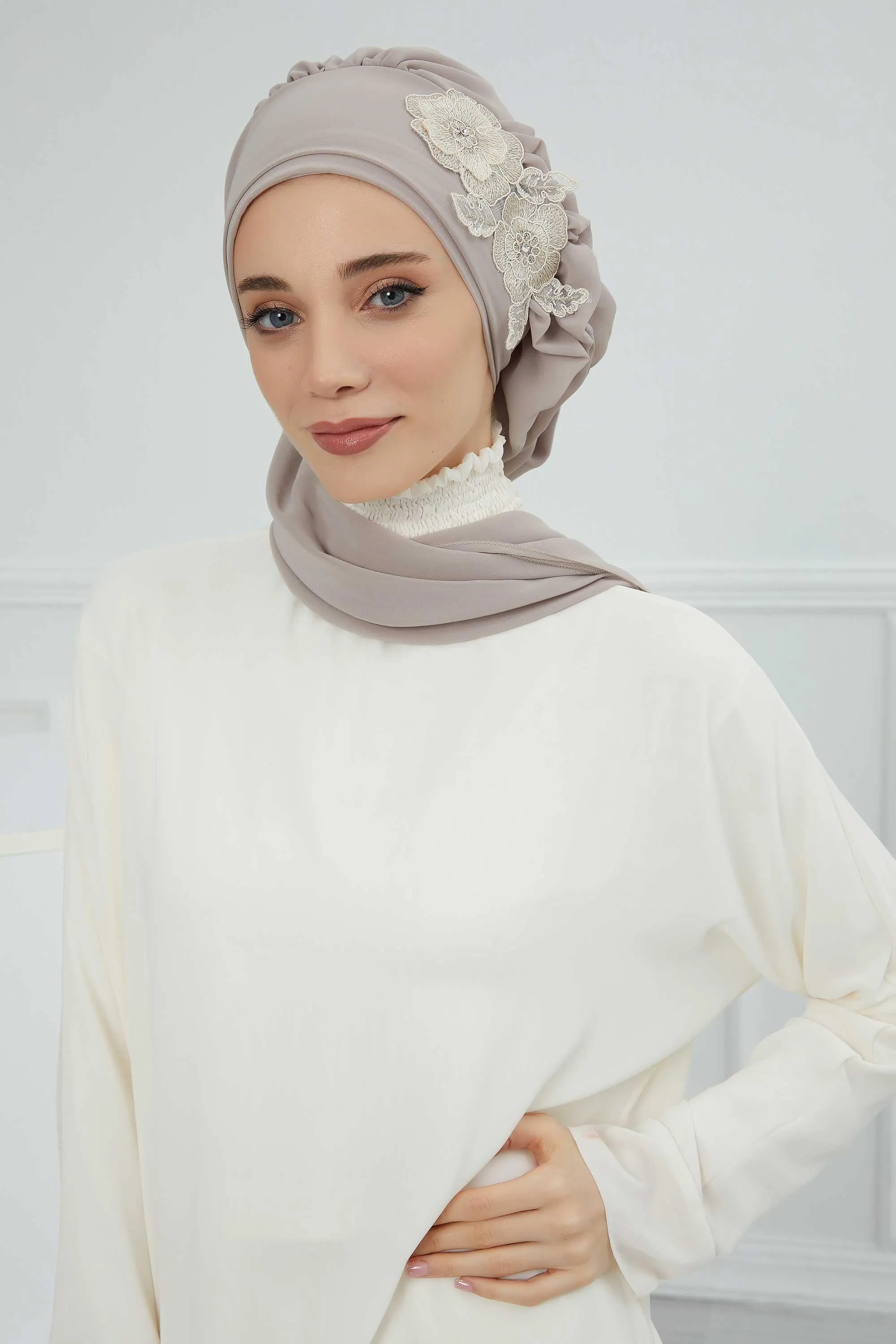 Side Frilled Instant Turban Chiffon Scarf Head Turbans with Unique Flower Accessory For Women Headwear Stylish Elegant Design,HT-102