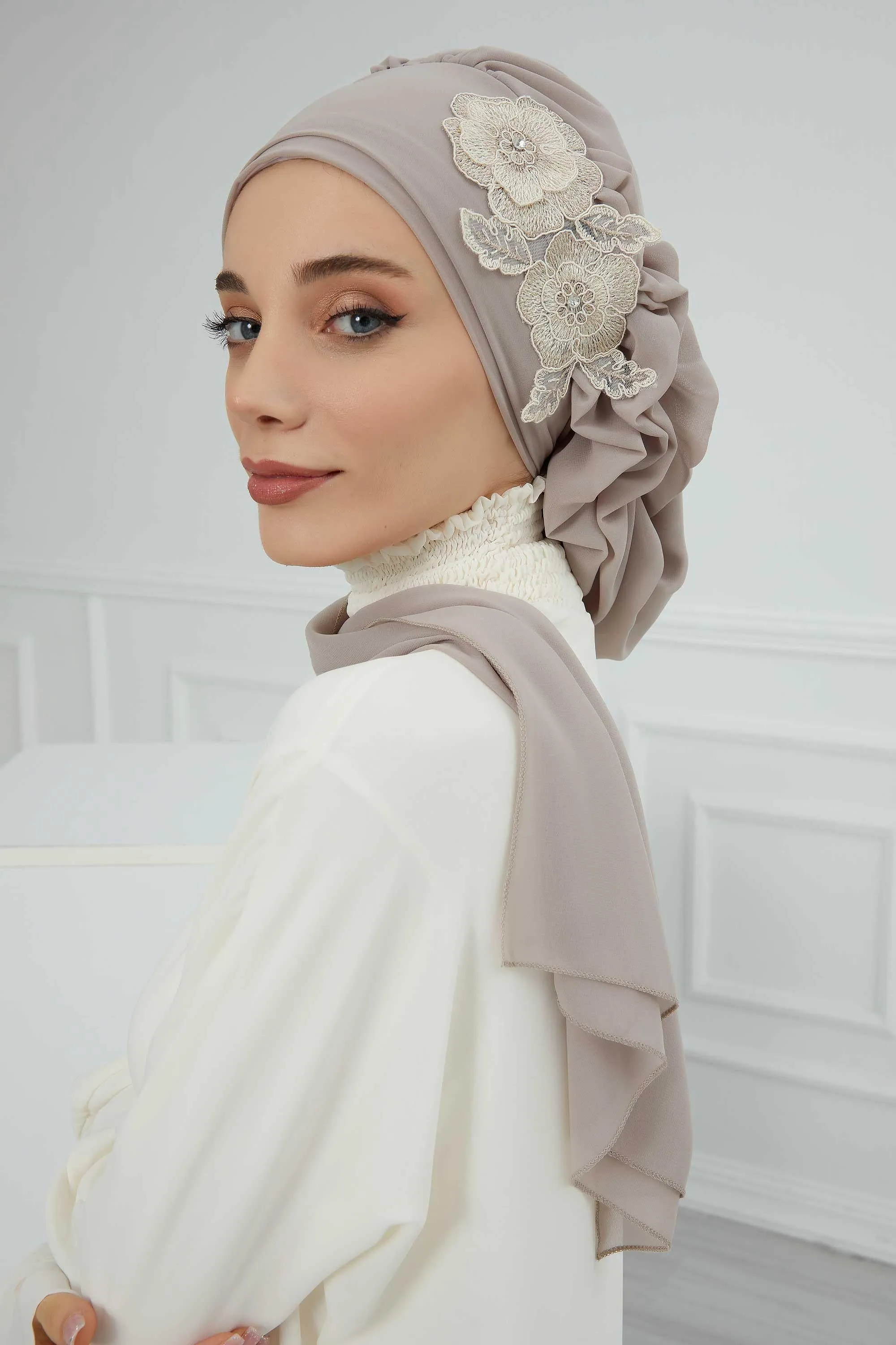 Side Frilled Instant Turban Chiffon Scarf Head Turbans with Unique Flower Accessory For Women Headwear Stylish Elegant Design,HT-102