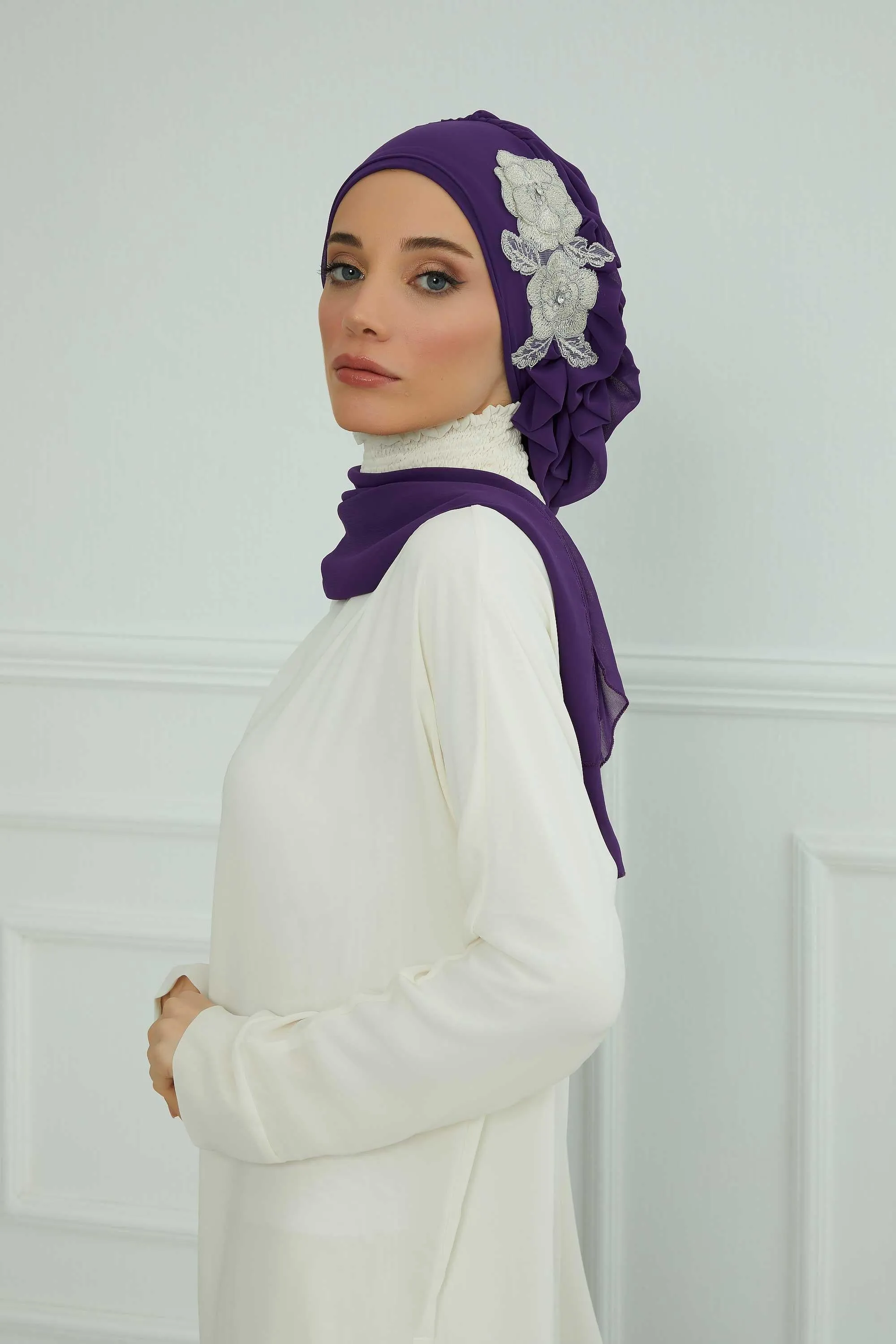 Side Frilled Instant Turban Chiffon Scarf Head Turbans with Unique Flower Accessory For Women Headwear Stylish Elegant Design,HT-102