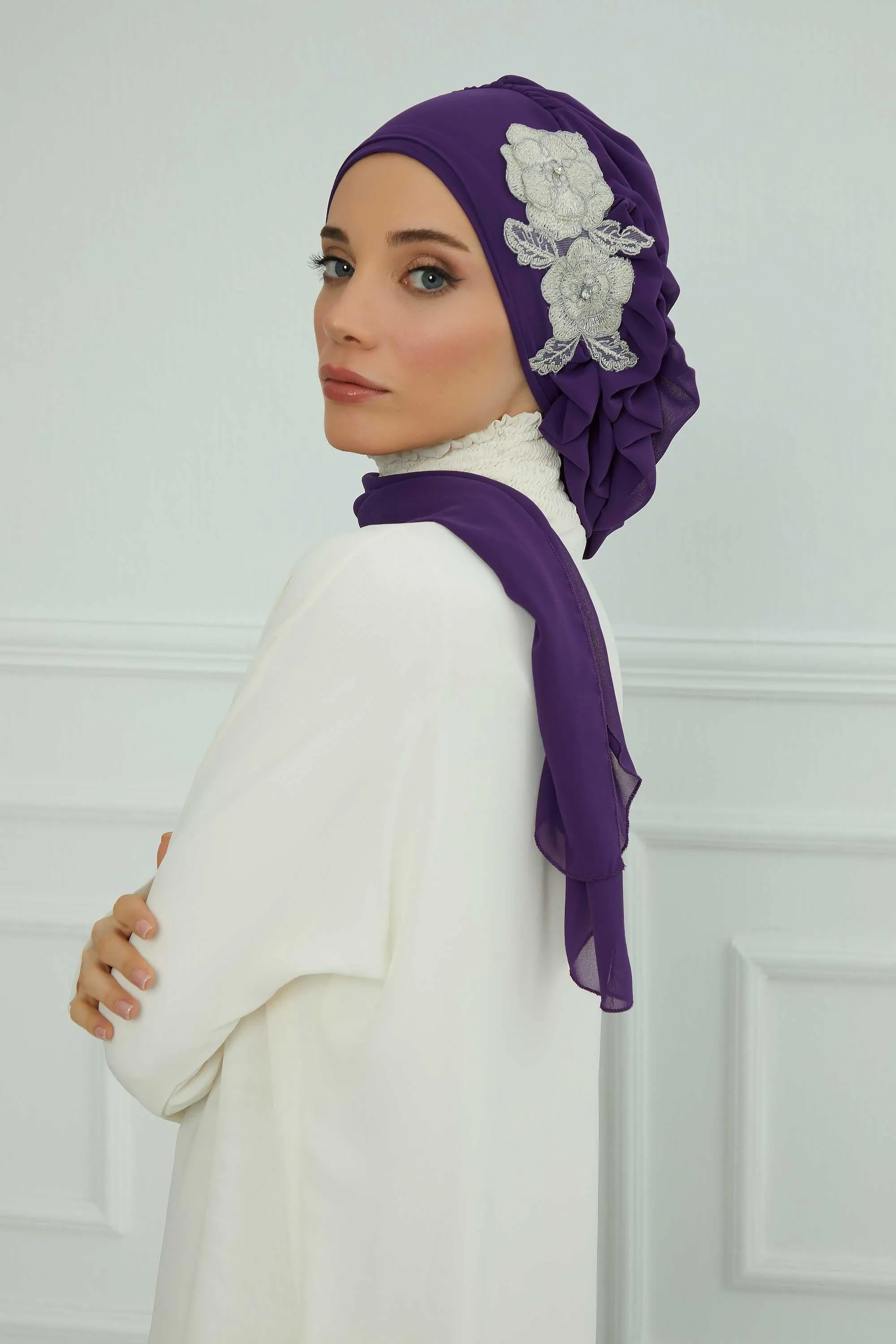 Side Frilled Instant Turban Chiffon Scarf Head Turbans with Unique Flower Accessory For Women Headwear Stylish Elegant Design,HT-102