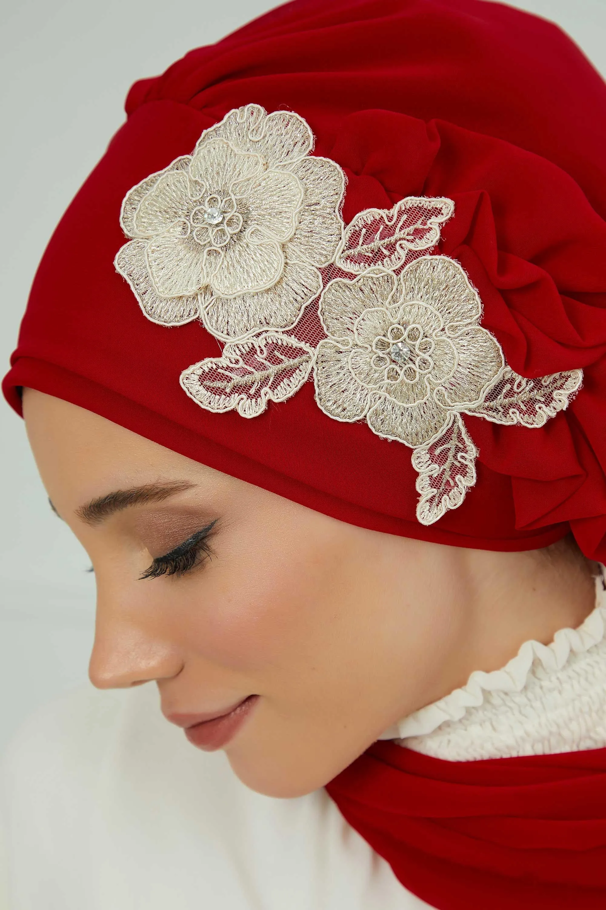 Side Frilled Instant Turban Chiffon Scarf Head Turbans with Unique Flower Accessory For Women Headwear Stylish Elegant Design,HT-102