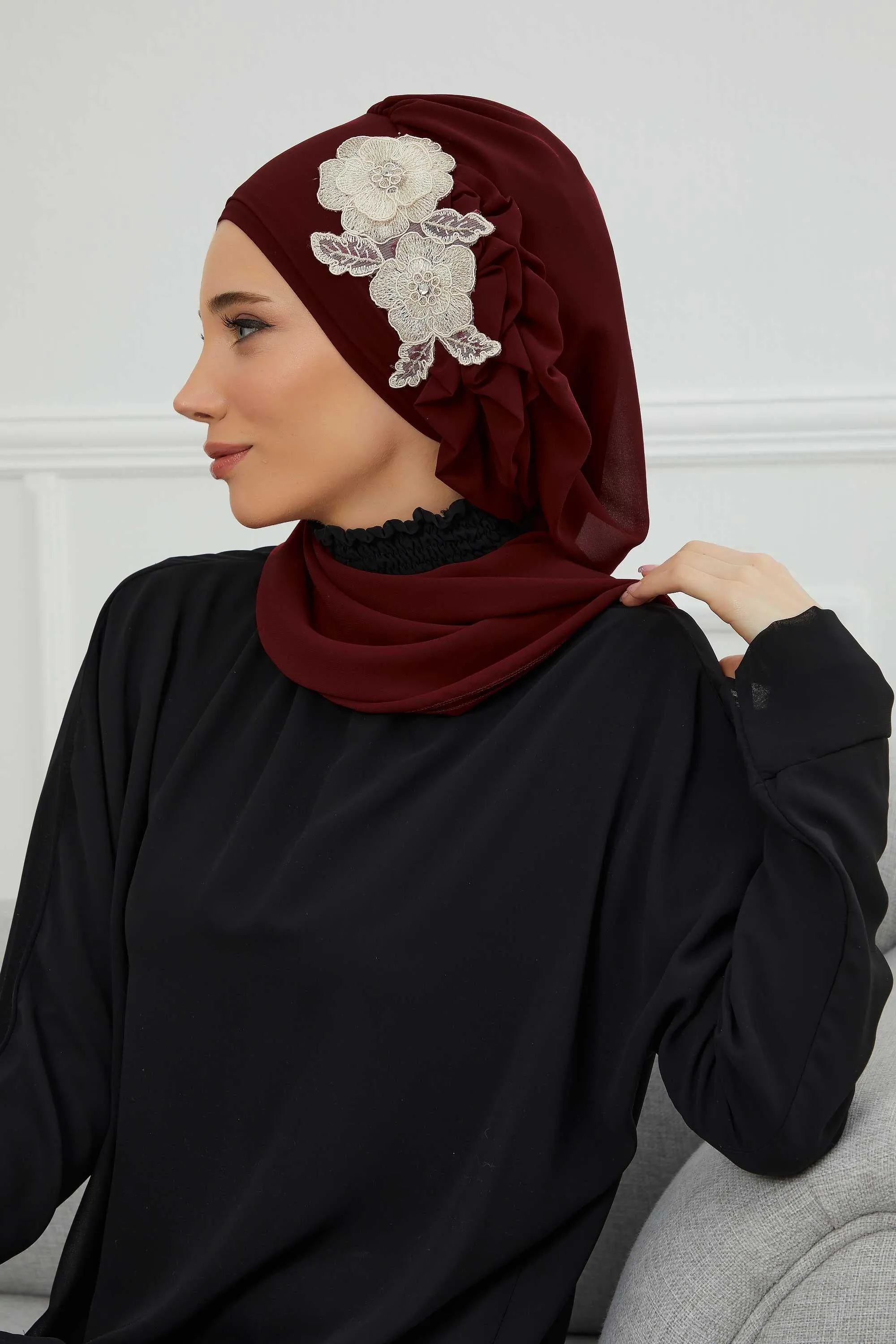 Side Frilled Instant Turban Chiffon Scarf Head Turbans with Unique Flower Accessory For Women Headwear Stylish Elegant Design,HT-102