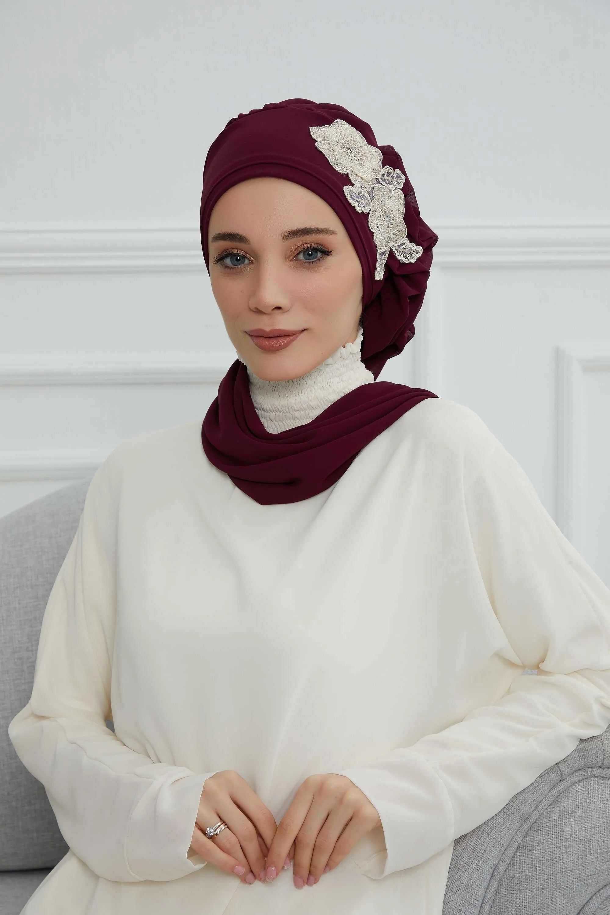 Side Frilled Instant Turban Chiffon Scarf Head Turbans with Unique Flower Accessory For Women Headwear Stylish Elegant Design,HT-102